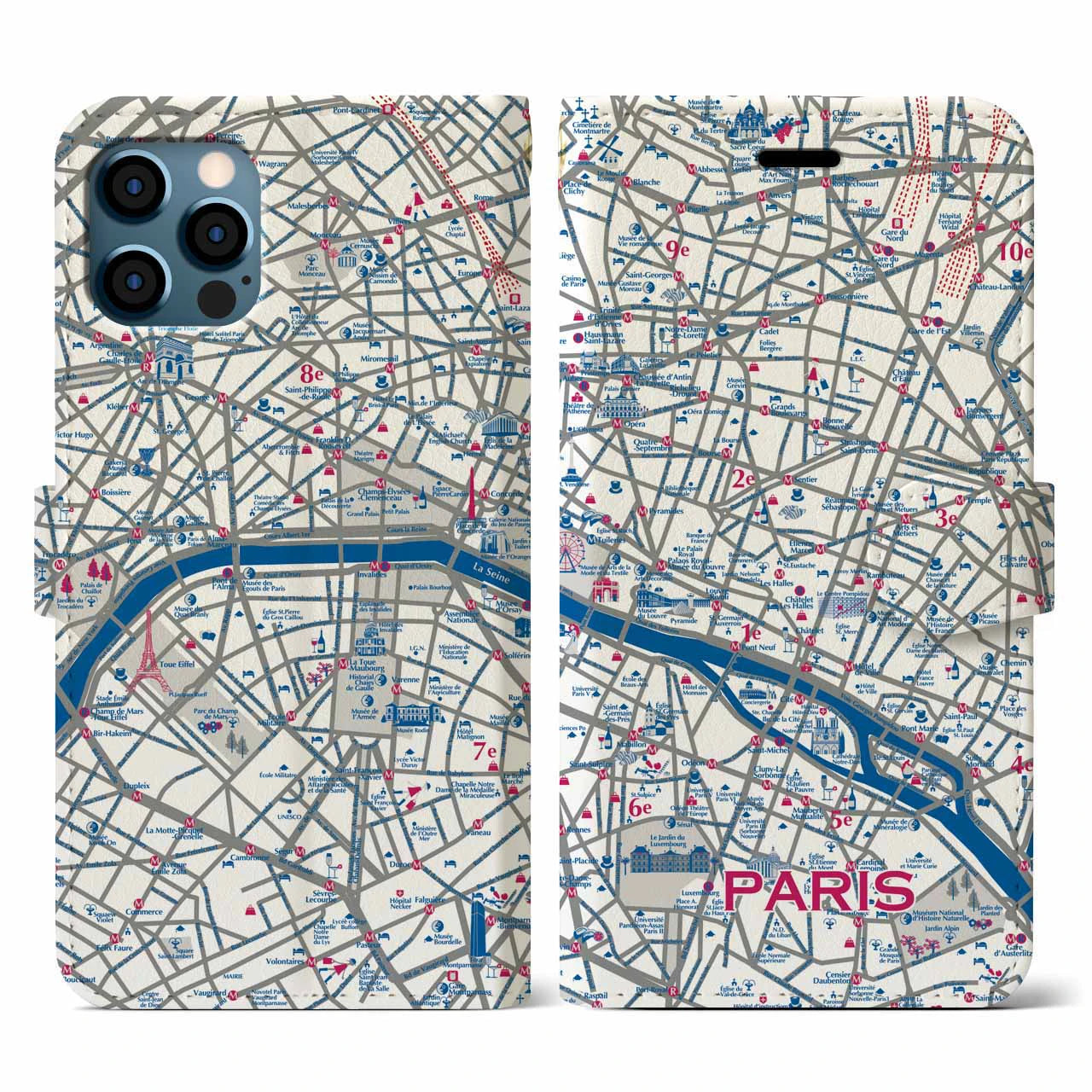 【パリ（イラスト）】地図柄iPhoneケース（手帳両面タイプ・ブライト）iPhone 12 / 12 Pro 用