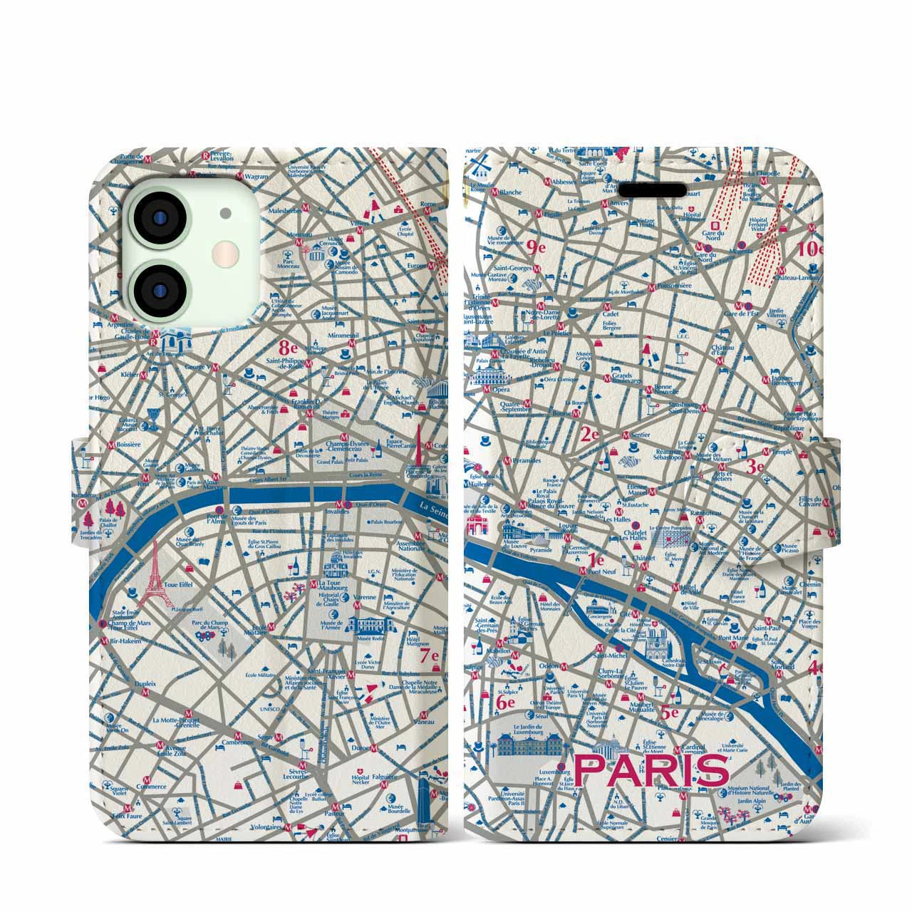 【パリ（イラスト）】地図柄iPhoneケース（手帳両面タイプ・ブライト）iPhone 12 mini 用