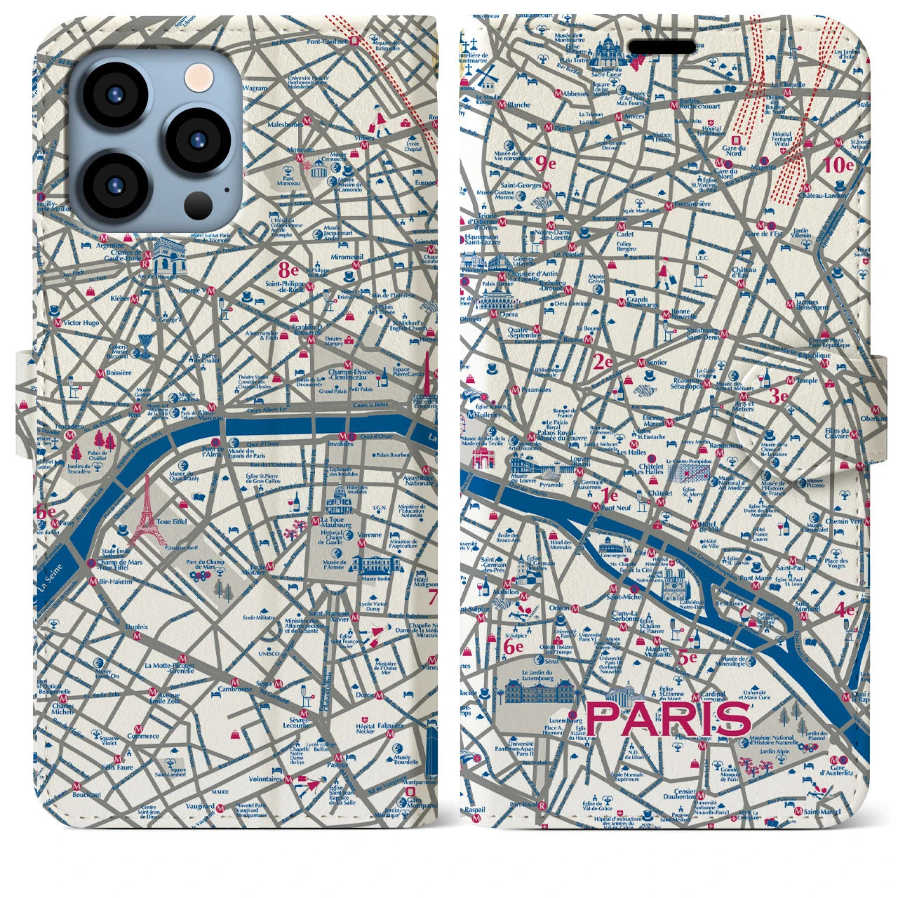 【パリ（イラスト）】地図柄iPhoneケース（手帳両面タイプ・ブライト）iPhone 13 Pro Max 用