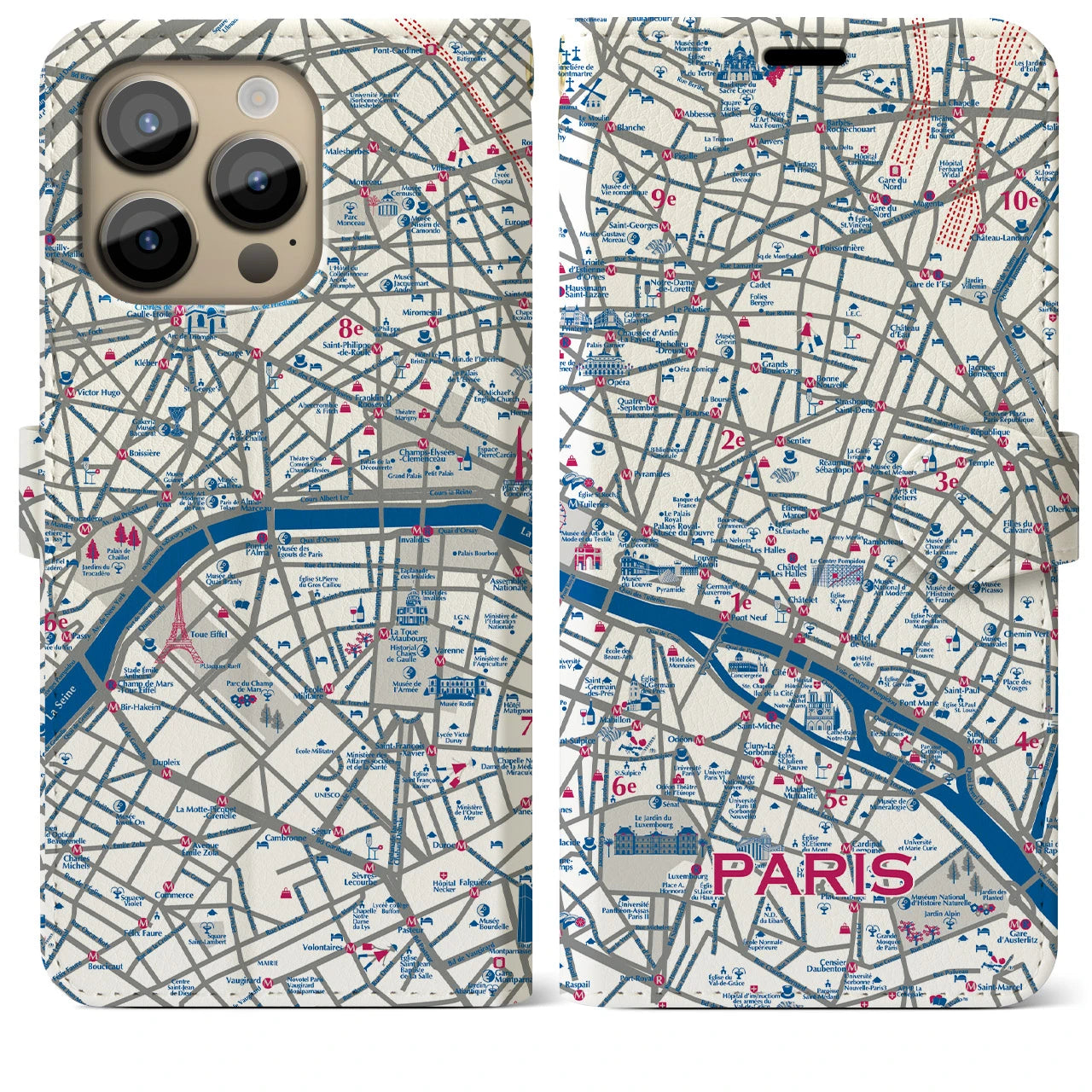 【パリ（イラスト）】地図柄iPhoneケース（手帳両面タイプ・ブライト）iPhone 14 Pro Max 用