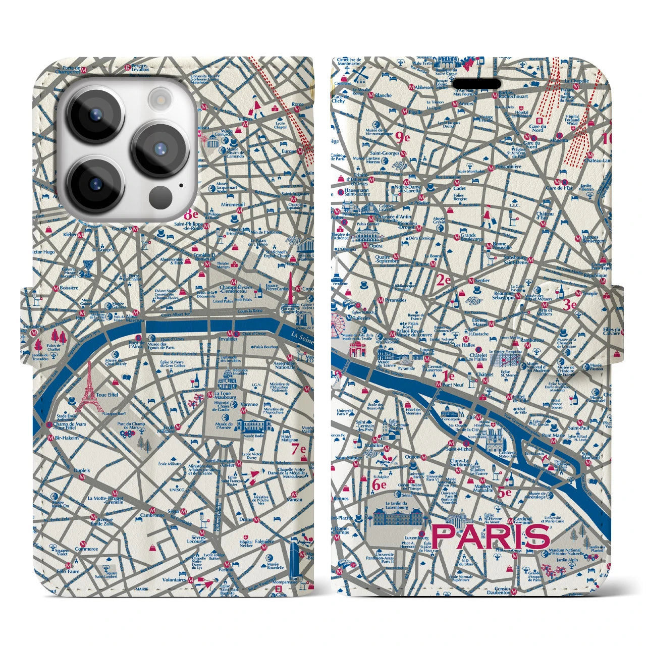 【パリ（イラスト）】地図柄iPhoneケース（手帳両面タイプ・ブライト）iPhone 14 Pro 用