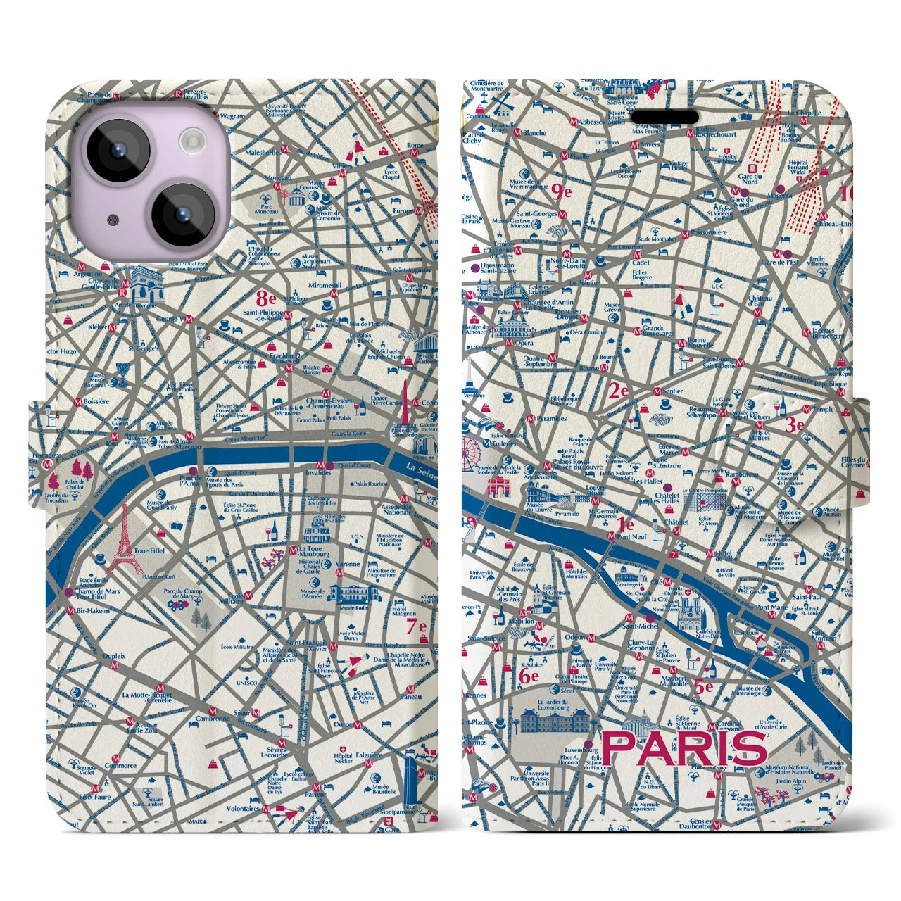 【パリ（イラスト）】地図柄iPhoneケース（手帳両面タイプ・ブライト）iPhone 14 用