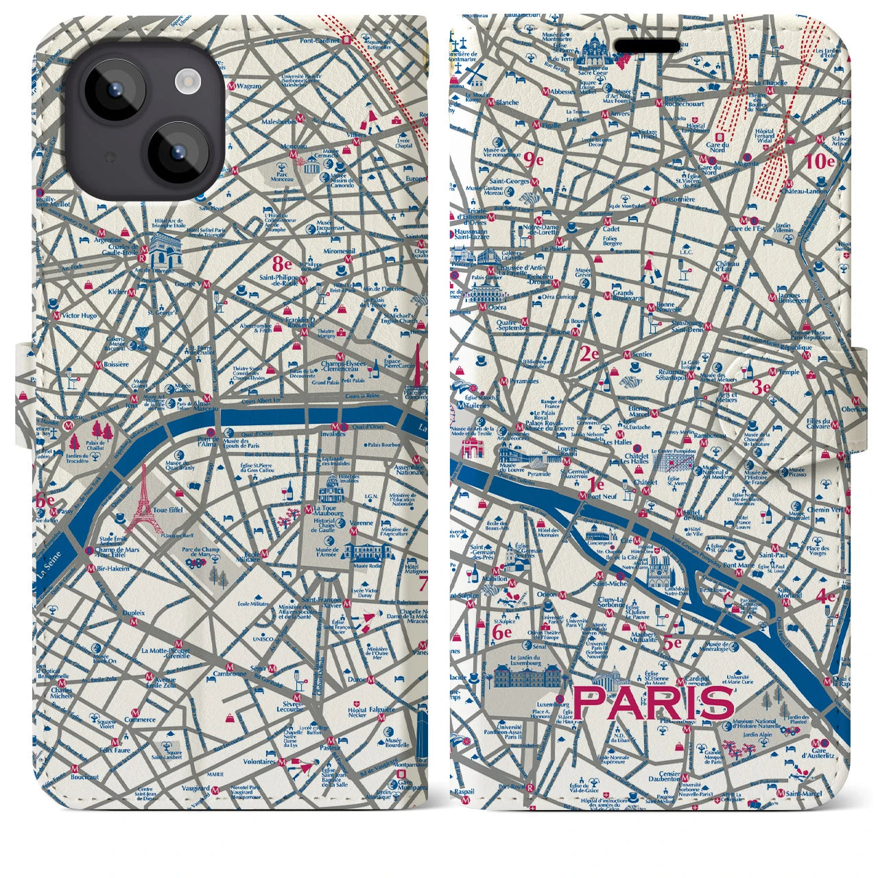 【パリ（イラスト）】地図柄iPhoneケース（手帳両面タイプ・ブライト）iPhone 14 Plus 用
