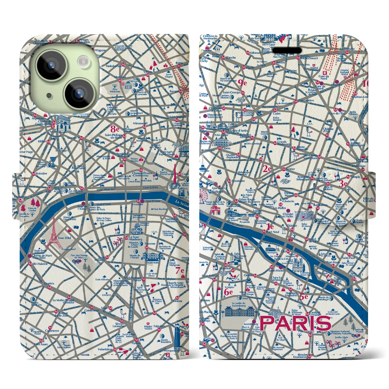 【パリ（イラスト）】地図柄iPhoneケース（手帳両面タイプ・ブライト）iPhone 15 用