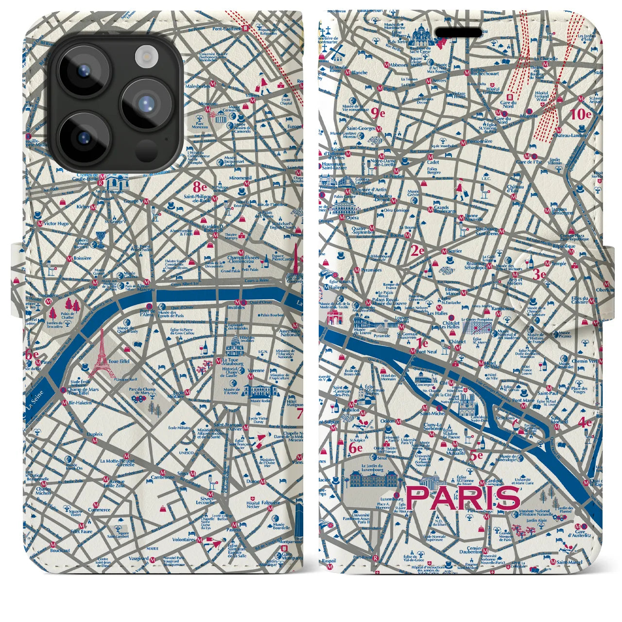 【パリ（イラスト）】地図柄iPhoneケース（手帳両面タイプ・ブライト）iPhone 15 Pro Max 用