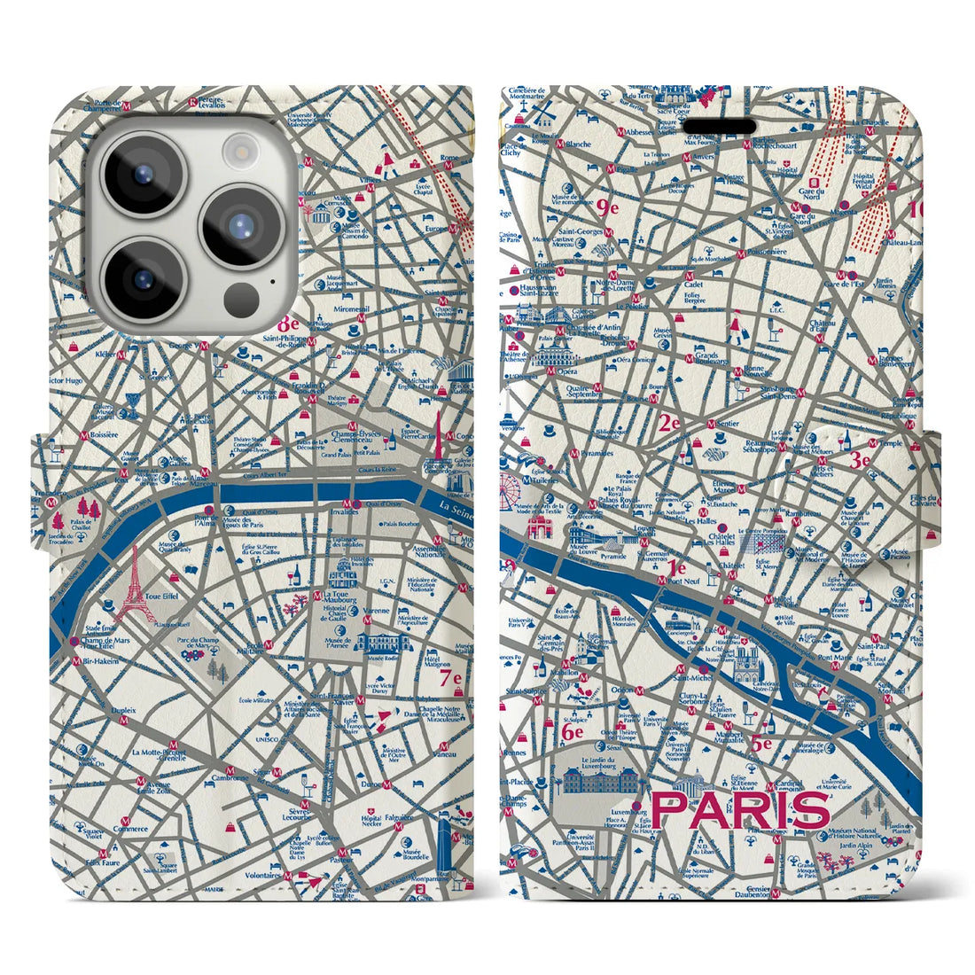 【パリ（イラスト）】地図柄iPhoneケース（手帳両面タイプ・ブライト）iPhone 15 Pro 用