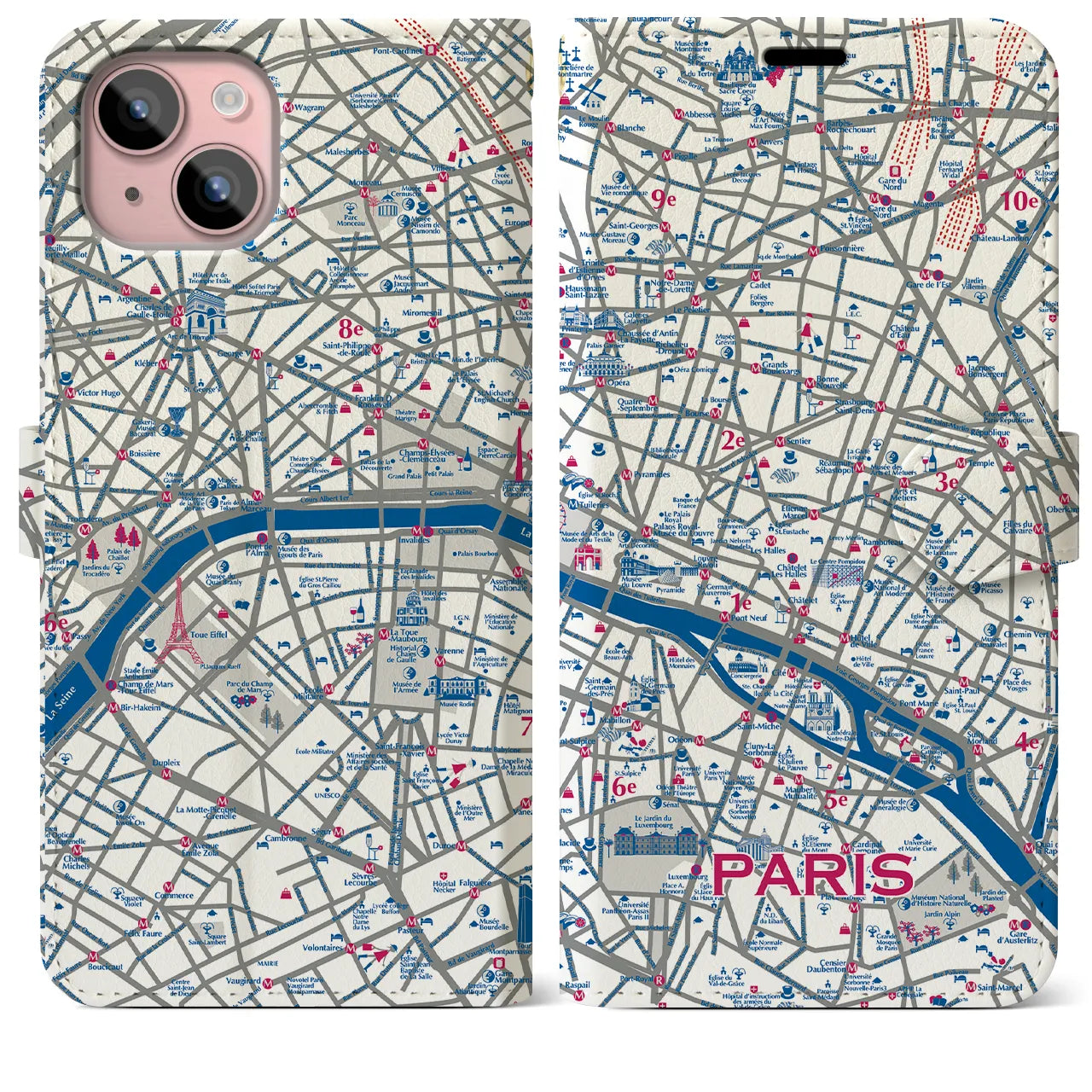【パリ（イラスト）】地図柄iPhoneケース（手帳両面タイプ・ブライト）iPhone 15 Plus 用