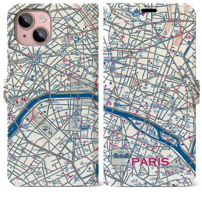 【パリ（イラスト）】イラストマップiPhoneケース（手帳タイプ）ブライト・iPhone 15 Plus 用
