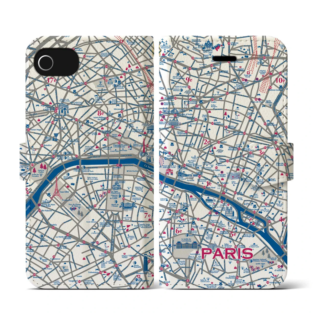 【パリ（イラスト）】地図柄iPhoneケース（手帳両面タイプ・ブライト）iPhone SE（第3 / 第2世代） / 8 / 7 / 6s / 6 用