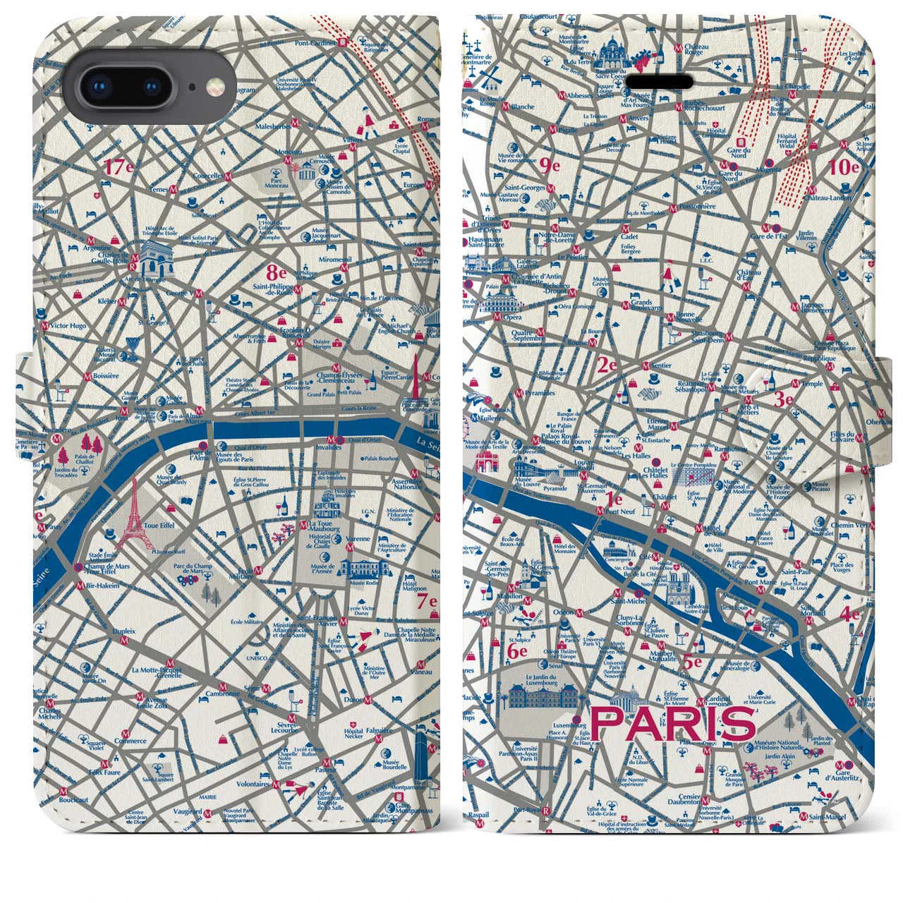 【パリ（イラスト）】地図柄iPhoneケース（手帳両面タイプ・ブライト）iPhone 8Plus /7Plus / 6sPlus / 6Plus 用