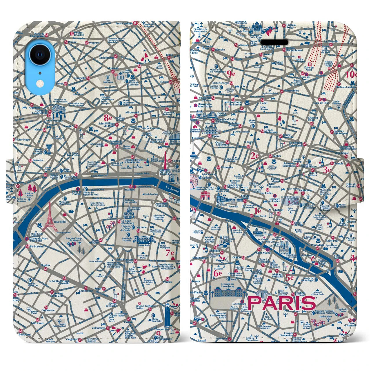 【パリ（イラスト）】地図柄iPhoneケース（手帳両面タイプ・ブライト）iPhone XR 用
