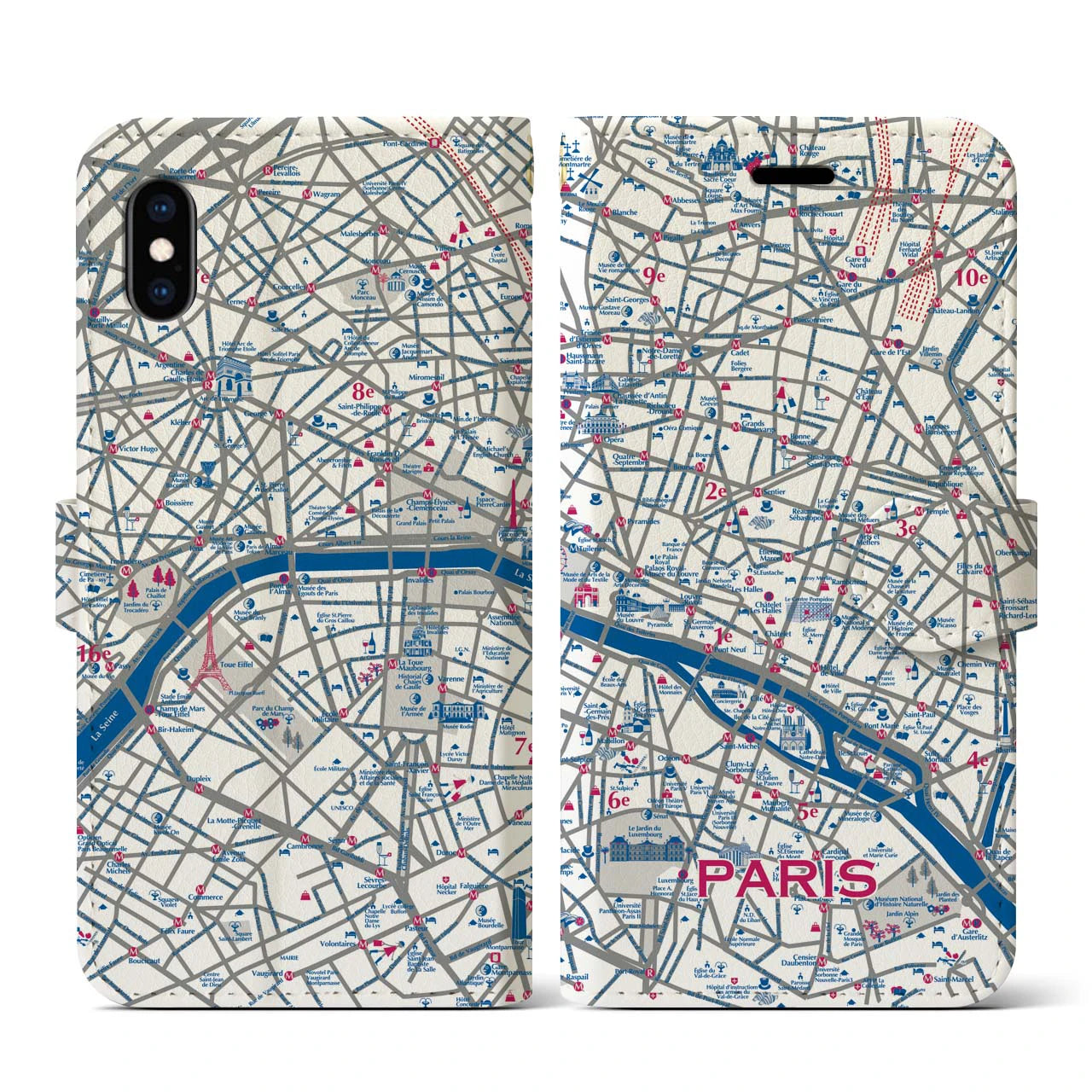 【パリ（イラスト）】地図柄iPhoneケース（手帳両面タイプ・ブライト）iPhone XS / X 用
