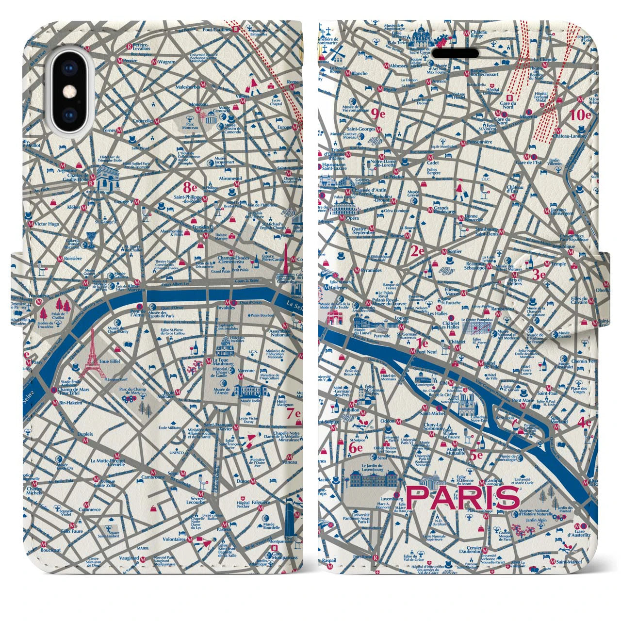【パリ（イラスト）】地図柄iPhoneケース（手帳両面タイプ・ブライト）iPhone XS Max 用