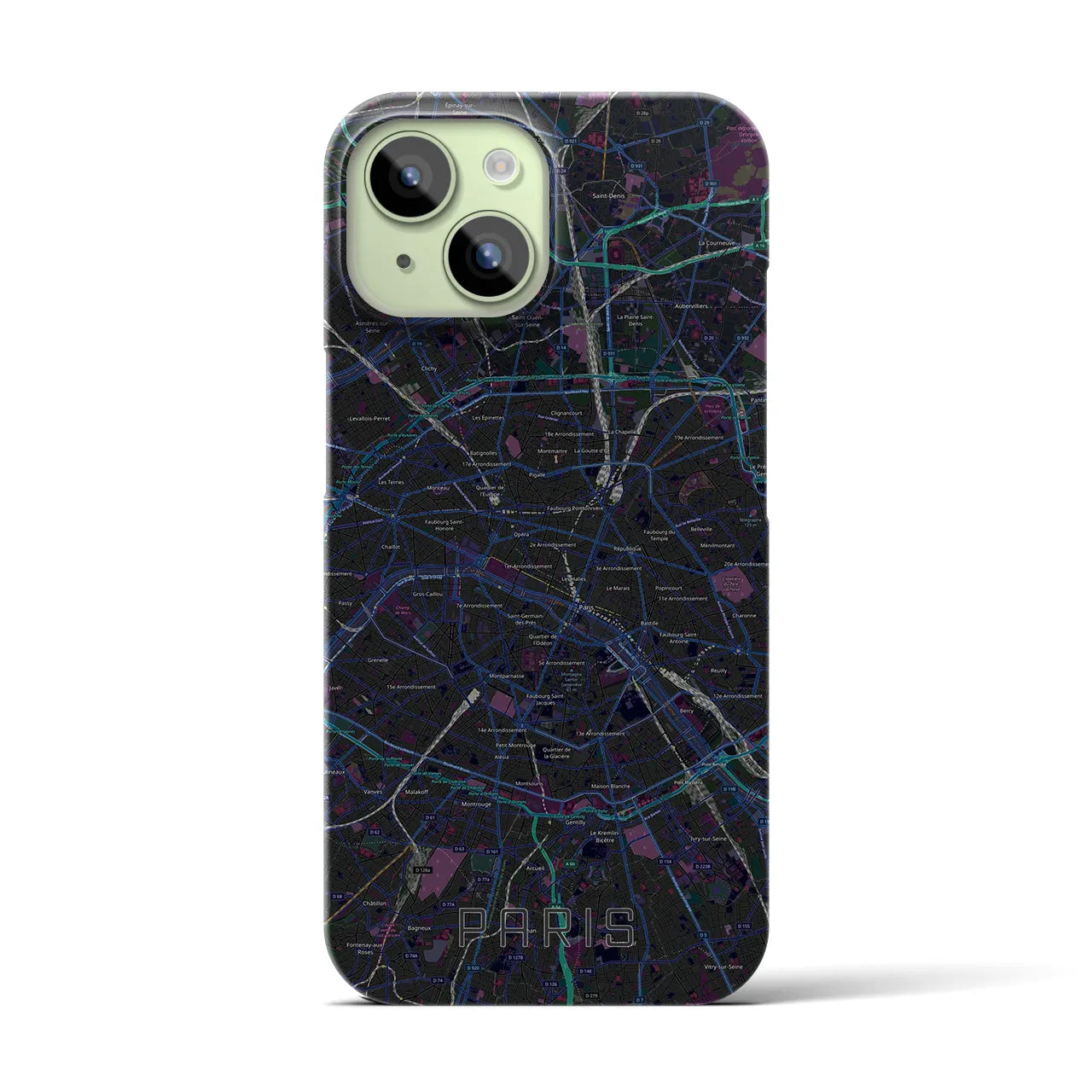 【パリ】地図柄iPhoneケース（バックカバータイプ・ブラック）iPhone 15 用