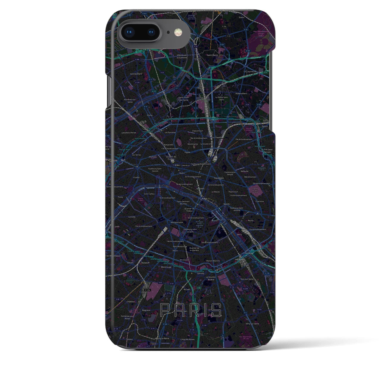 【パリ】地図柄iPhoneケース（バックカバータイプ・ブラック）iPhone 8Plus /7Plus / 6sPlus / 6Plus 用