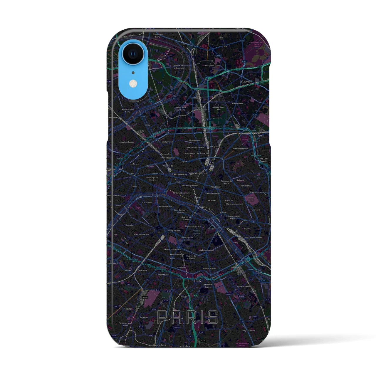 【パリ】地図柄iPhoneケース（バックカバータイプ・ブラック）iPhone XR 用