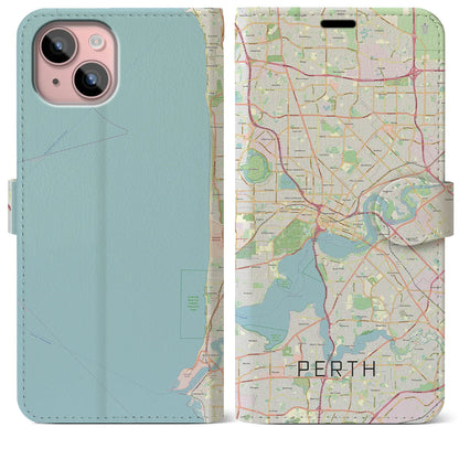 【パース（オーストラリア）】地図柄iPhoneケース（手帳タイプ）ナチュラル・iPhone 15 Plus 用