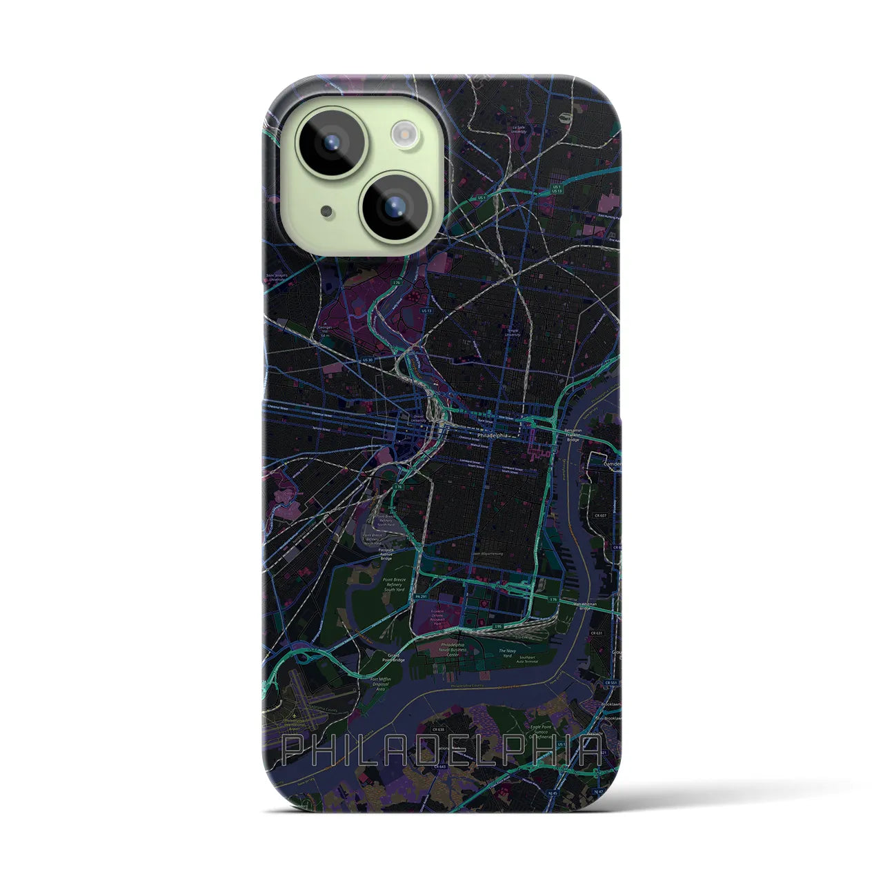 【フィラデルフィア】地図柄iPhoneケース（バックカバータイプ・ブラック）iPhone 15 用