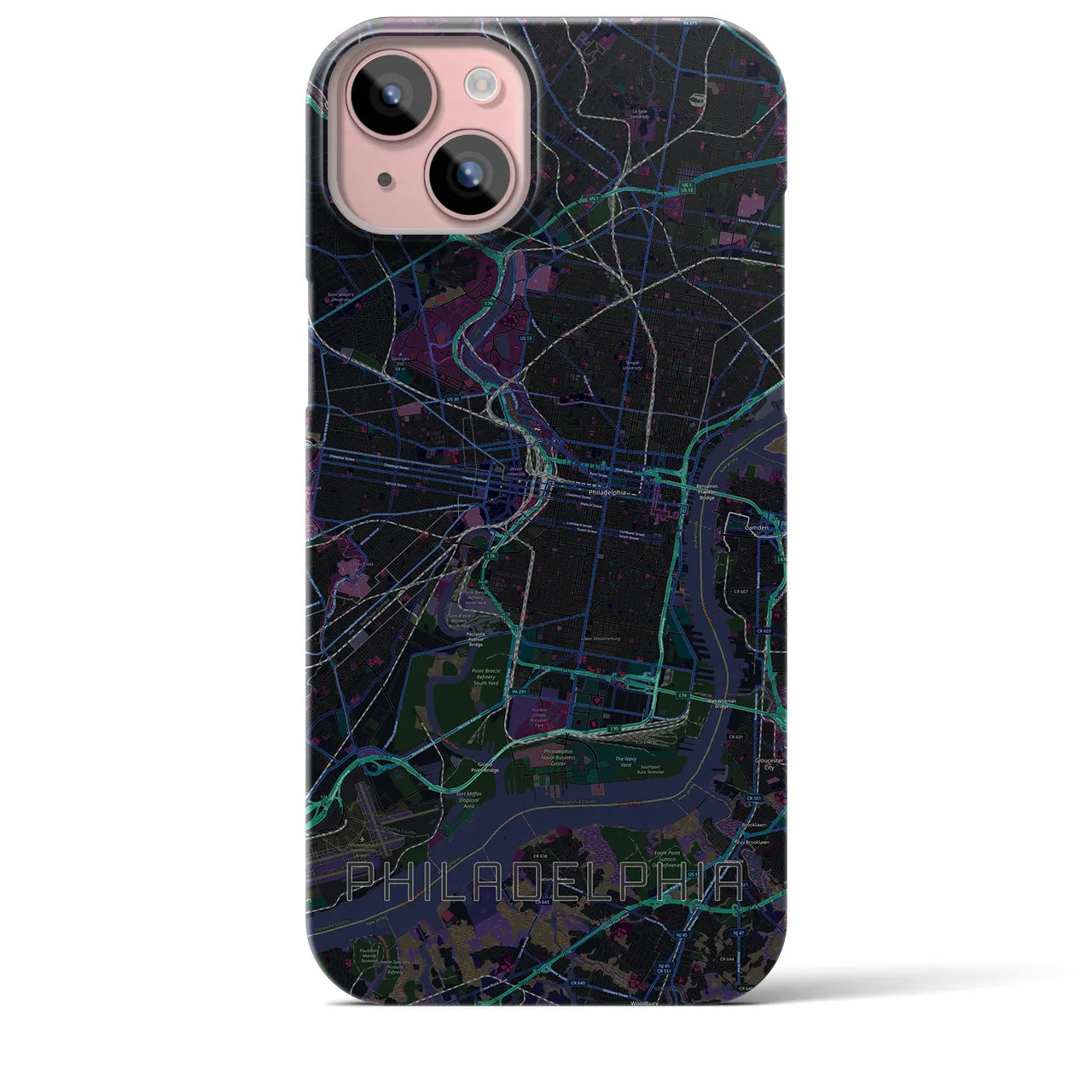 【フィラデルフィア】地図柄iPhoneケース（バックカバータイプ・ブラック）iPhone 15 Plus 用