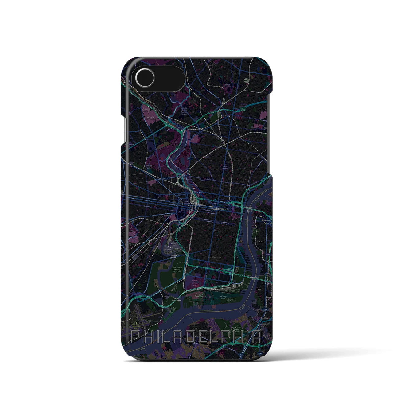 【フィラデルフィア】地図柄iPhoneケース（バックカバータイプ・ブラック）iPhone SE（第3 / 第2世代） / 8 / 7 / 6s / 6 用