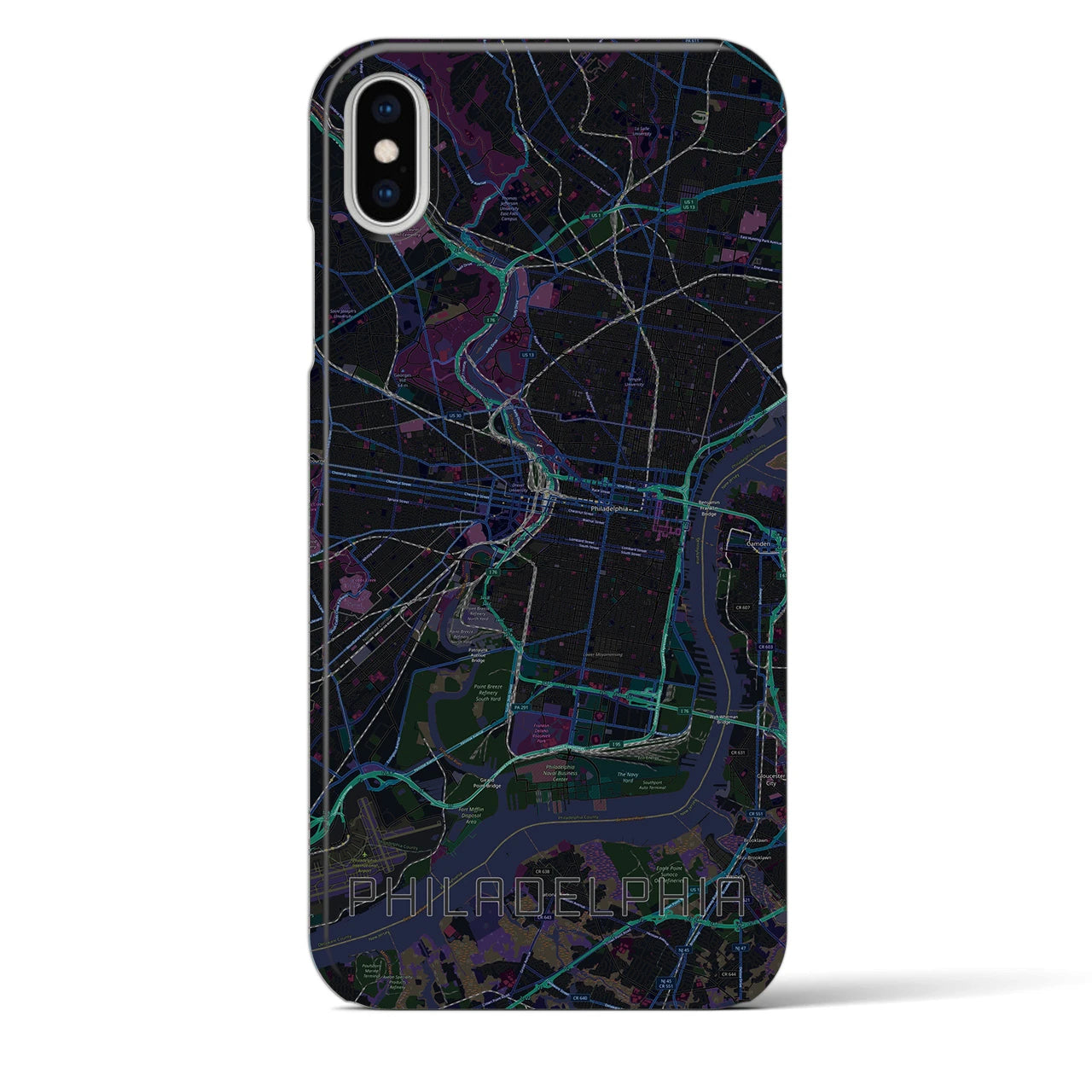 【フィラデルフィア】地図柄iPhoneケース（バックカバータイプ・ブラック）iPhone XS Max 用