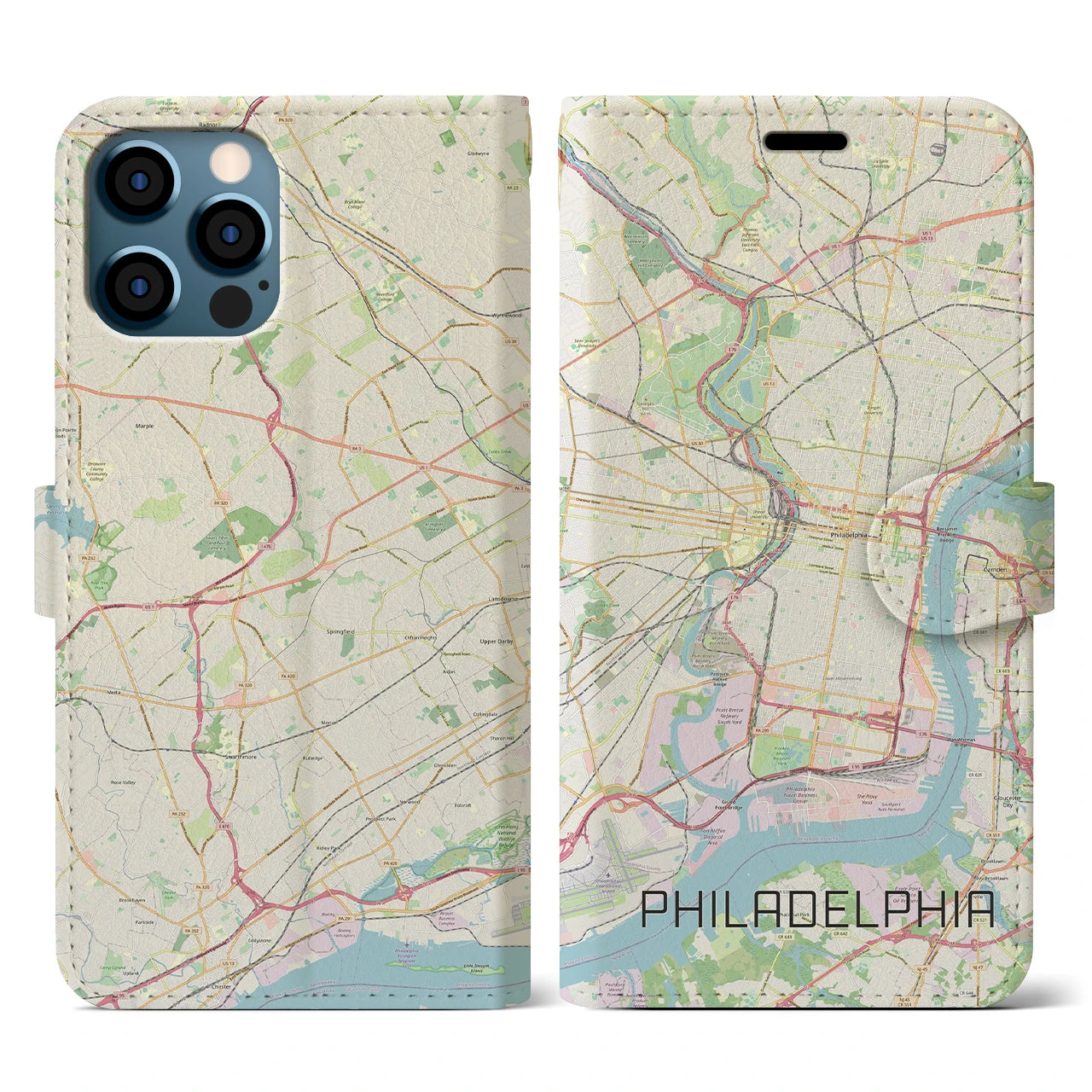 【フィラデルフィア】地図柄iPhoneケース（手帳両面タイプ・ナチュラル）iPhone 12 / 12 Pro 用
