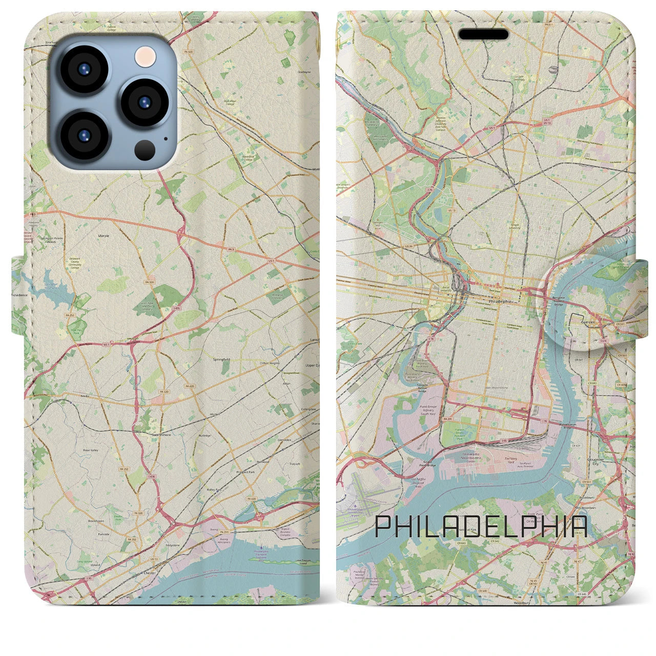 【フィラデルフィア】地図柄iPhoneケース（手帳両面タイプ・ナチュラル）iPhone 13 Pro Max 用