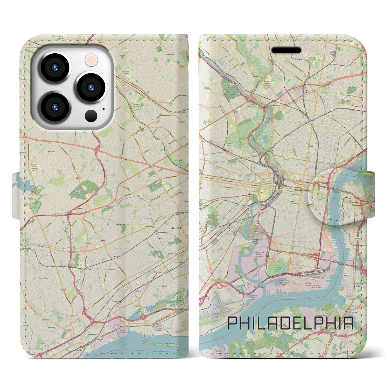 【フィラデルフィア】地図柄iPhoneケース（手帳両面タイプ・ナチュラル）iPhone 13 Pro 用