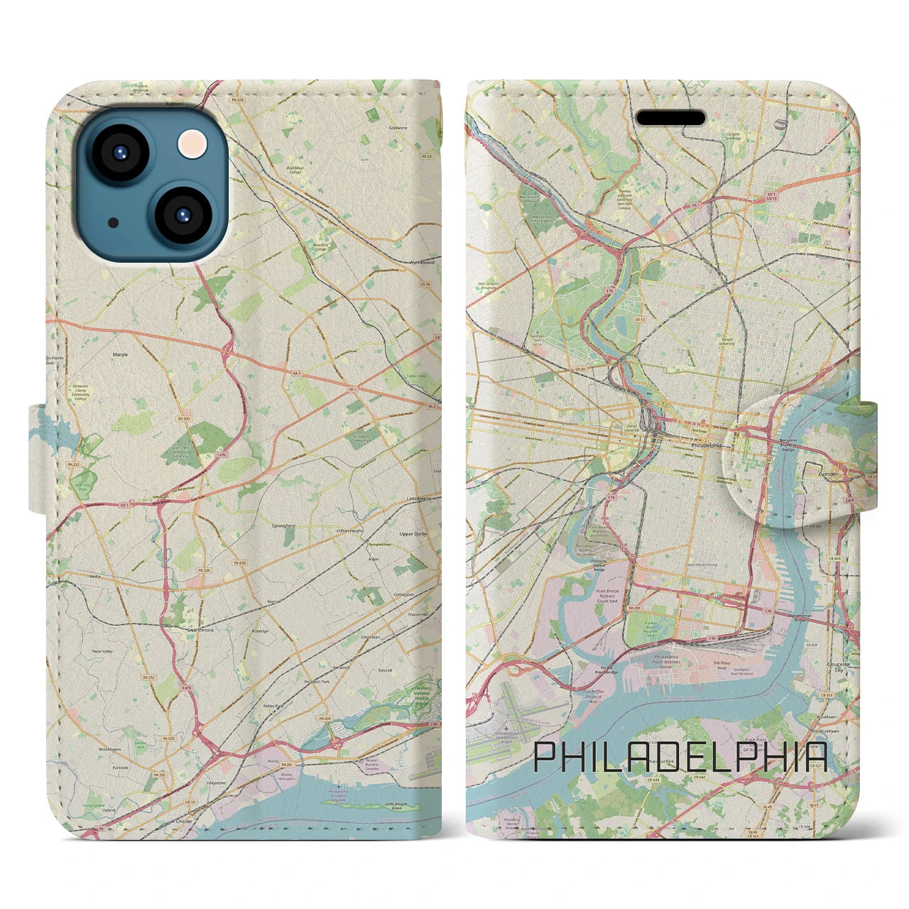 【フィラデルフィア】地図柄iPhoneケース（手帳両面タイプ・ナチュラル）iPhone 13 用