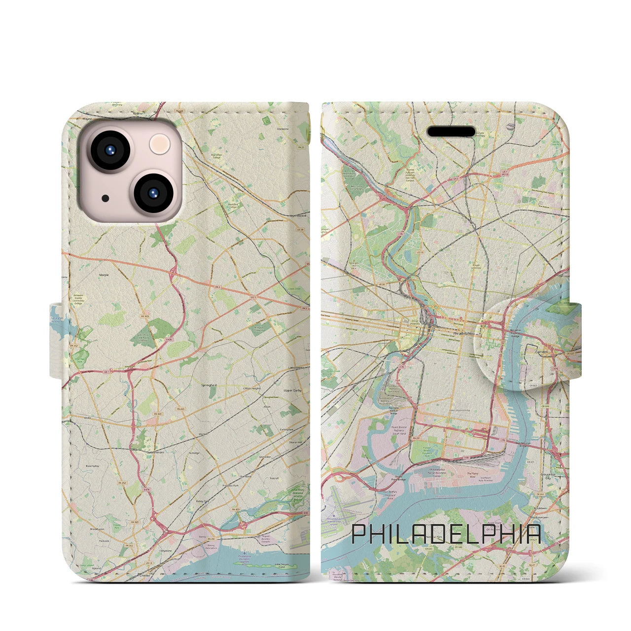 【フィラデルフィア】地図柄iPhoneケース（手帳両面タイプ・ナチュラル）iPhone 13 mini 用