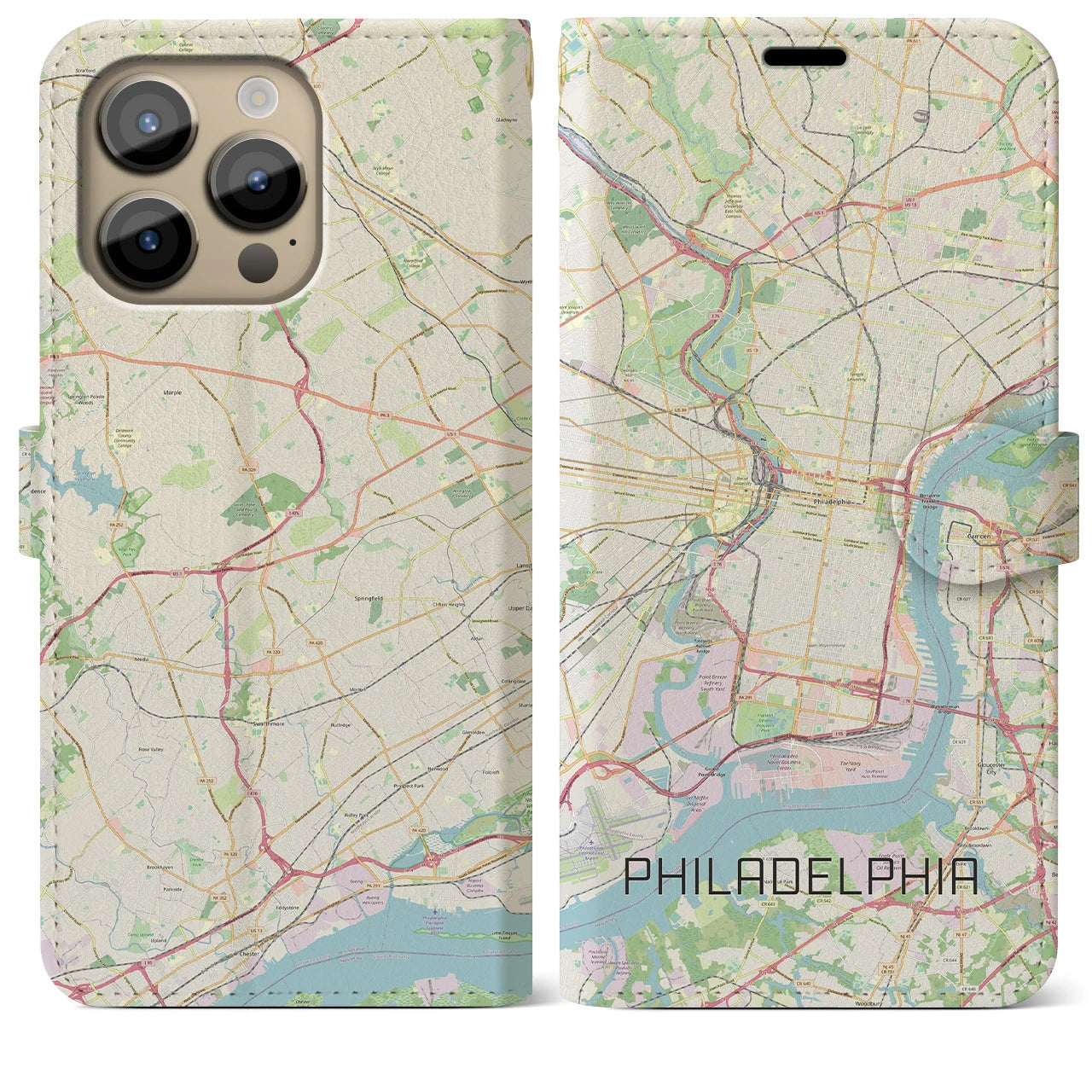 【フィラデルフィア】地図柄iPhoneケース（手帳両面タイプ・ナチュラル）iPhone 14 Pro Max 用