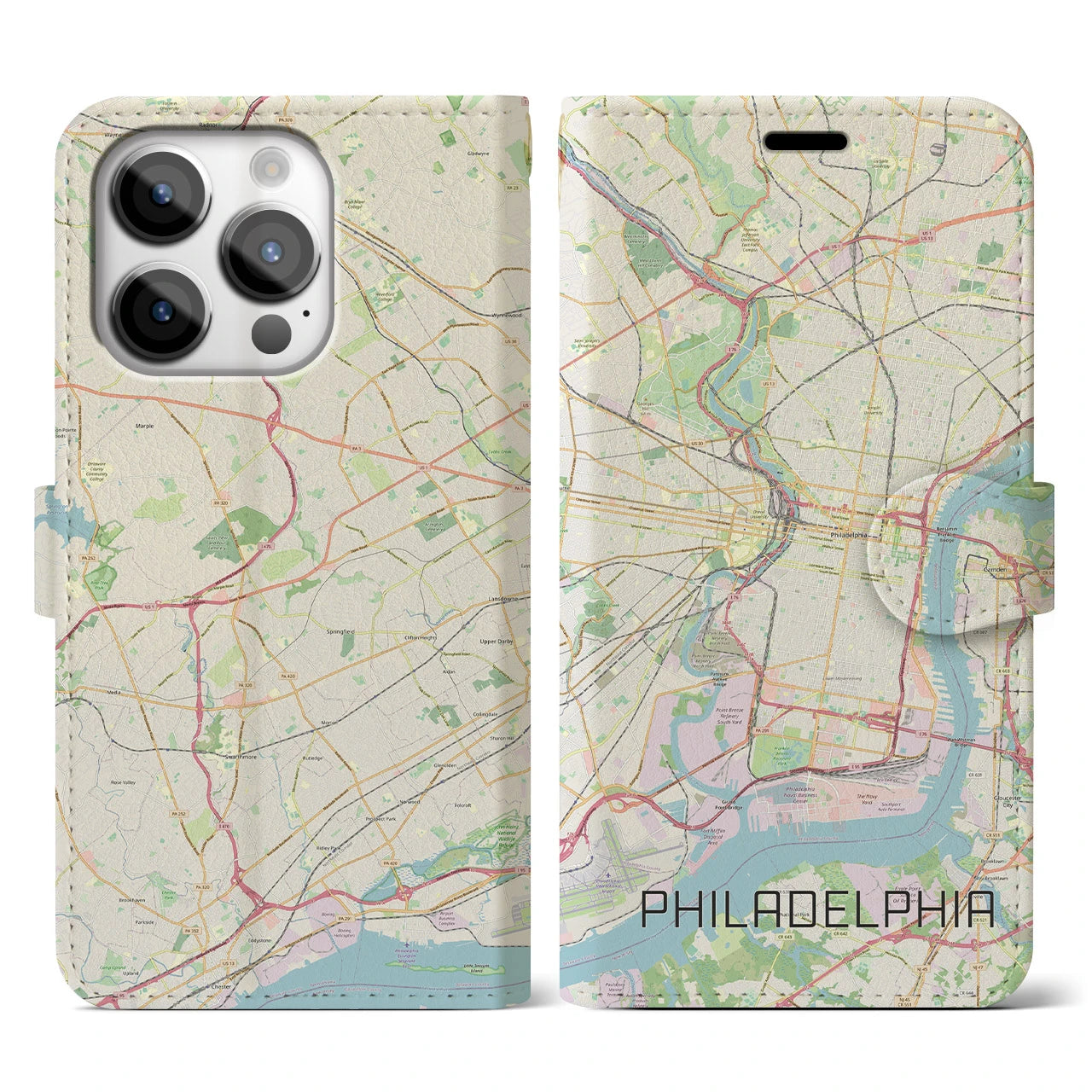 【フィラデルフィア】地図柄iPhoneケース（手帳両面タイプ・ナチュラル）iPhone 14 Pro 用