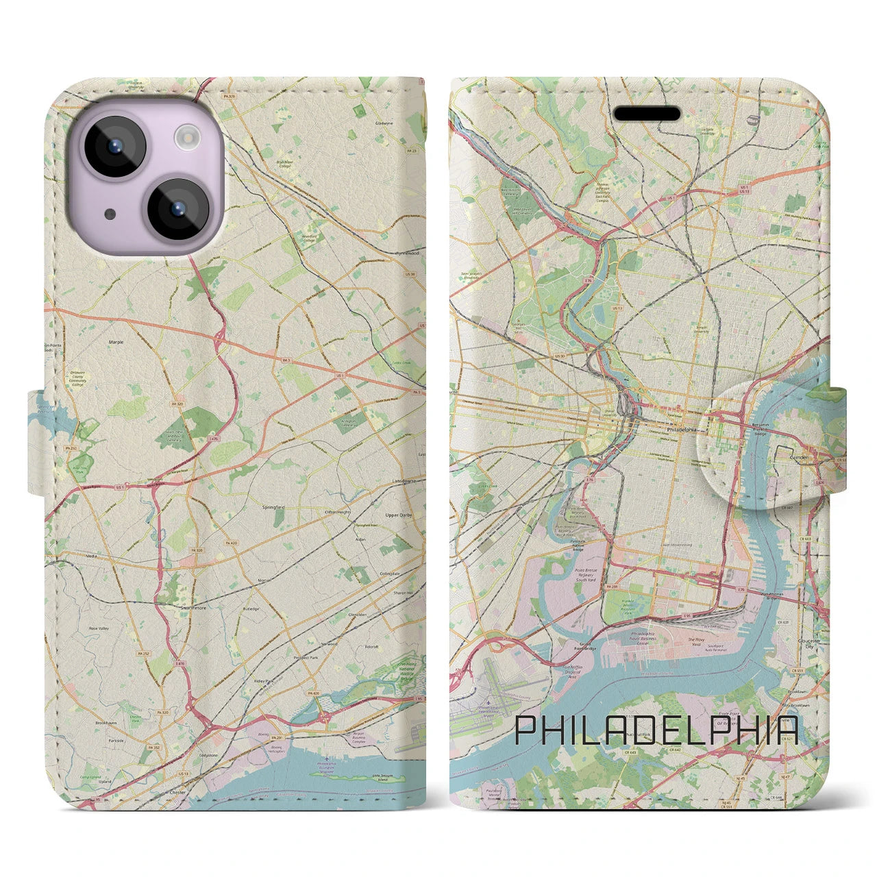 【フィラデルフィア】地図柄iPhoneケース（手帳両面タイプ・ナチュラル）iPhone 14 用