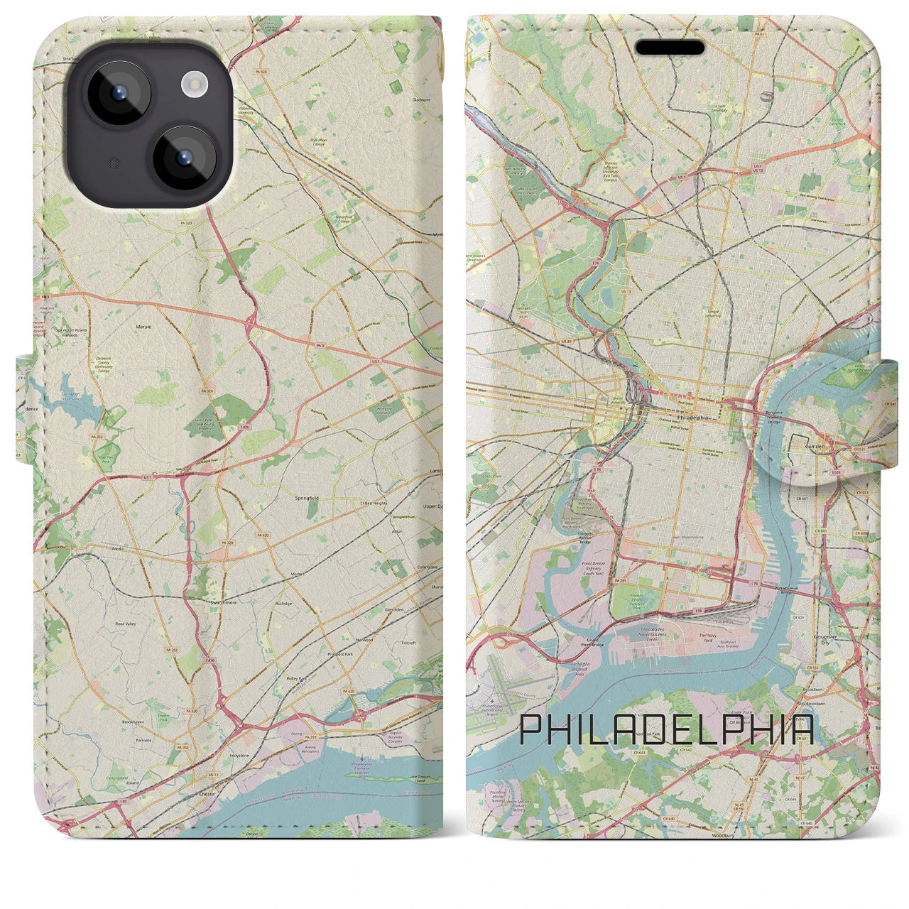 【フィラデルフィア】地図柄iPhoneケース（手帳両面タイプ・ナチュラル）iPhone 14 Plus 用
