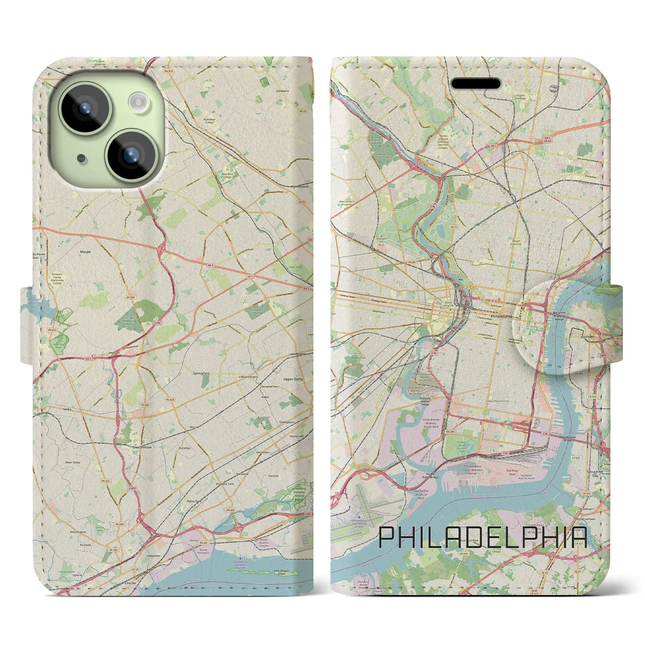 【フィラデルフィア】地図柄iPhoneケース（手帳両面タイプ・ナチュラル）iPhone 15 用