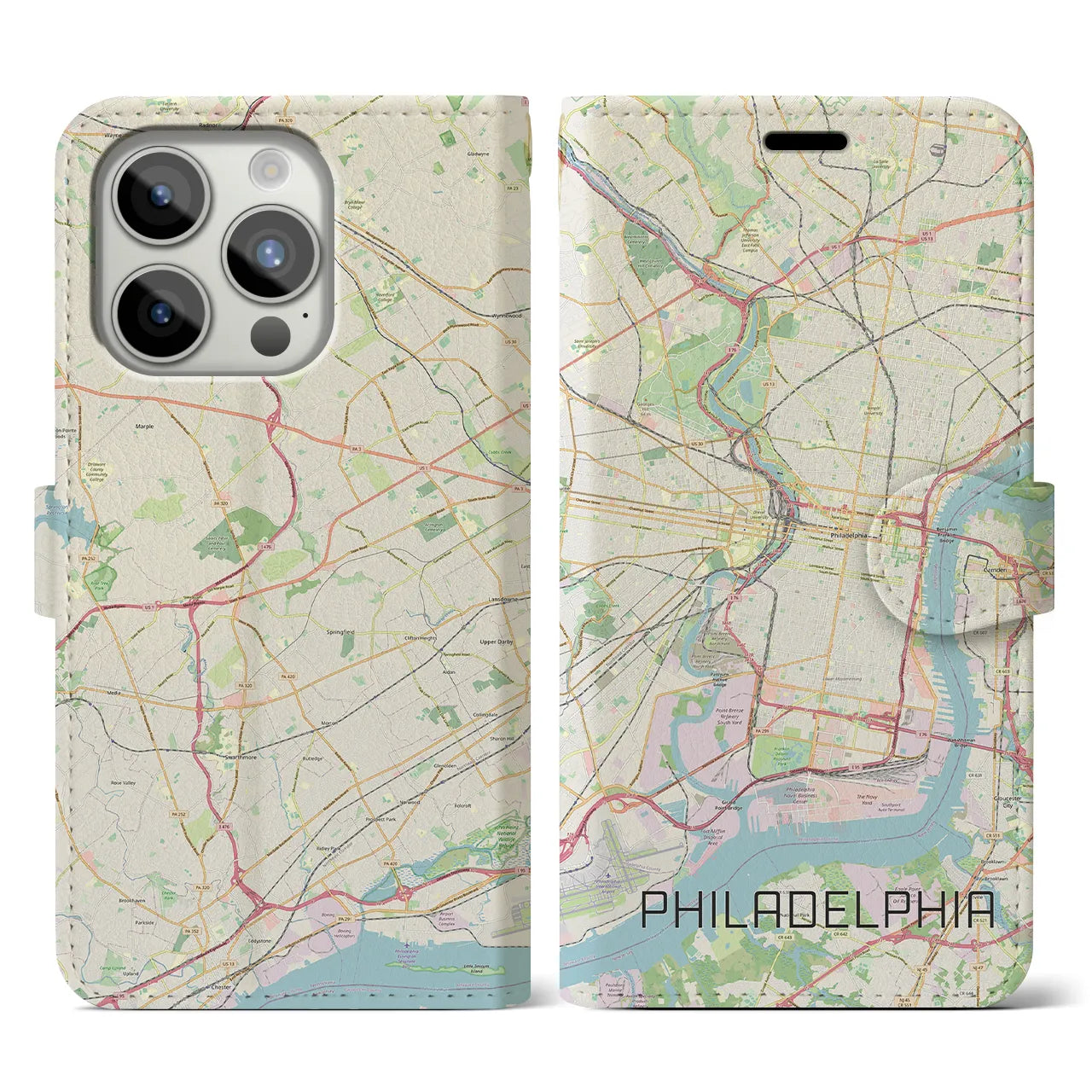 【フィラデルフィア】地図柄iPhoneケース（手帳両面タイプ・ナチュラル）iPhone 15 Pro 用