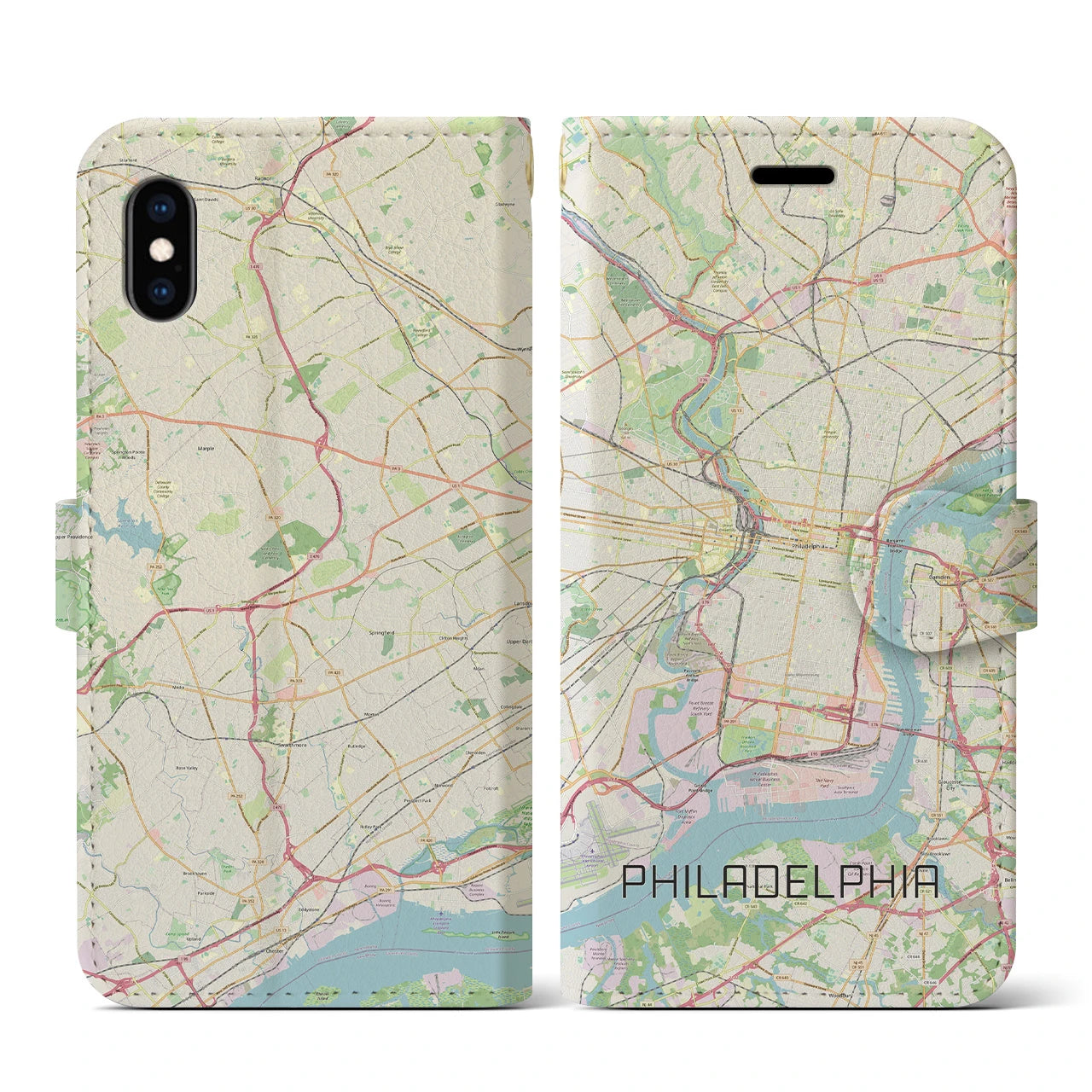 【フィラデルフィア】地図柄iPhoneケース（手帳両面タイプ・ナチュラル）iPhone XS / X 用