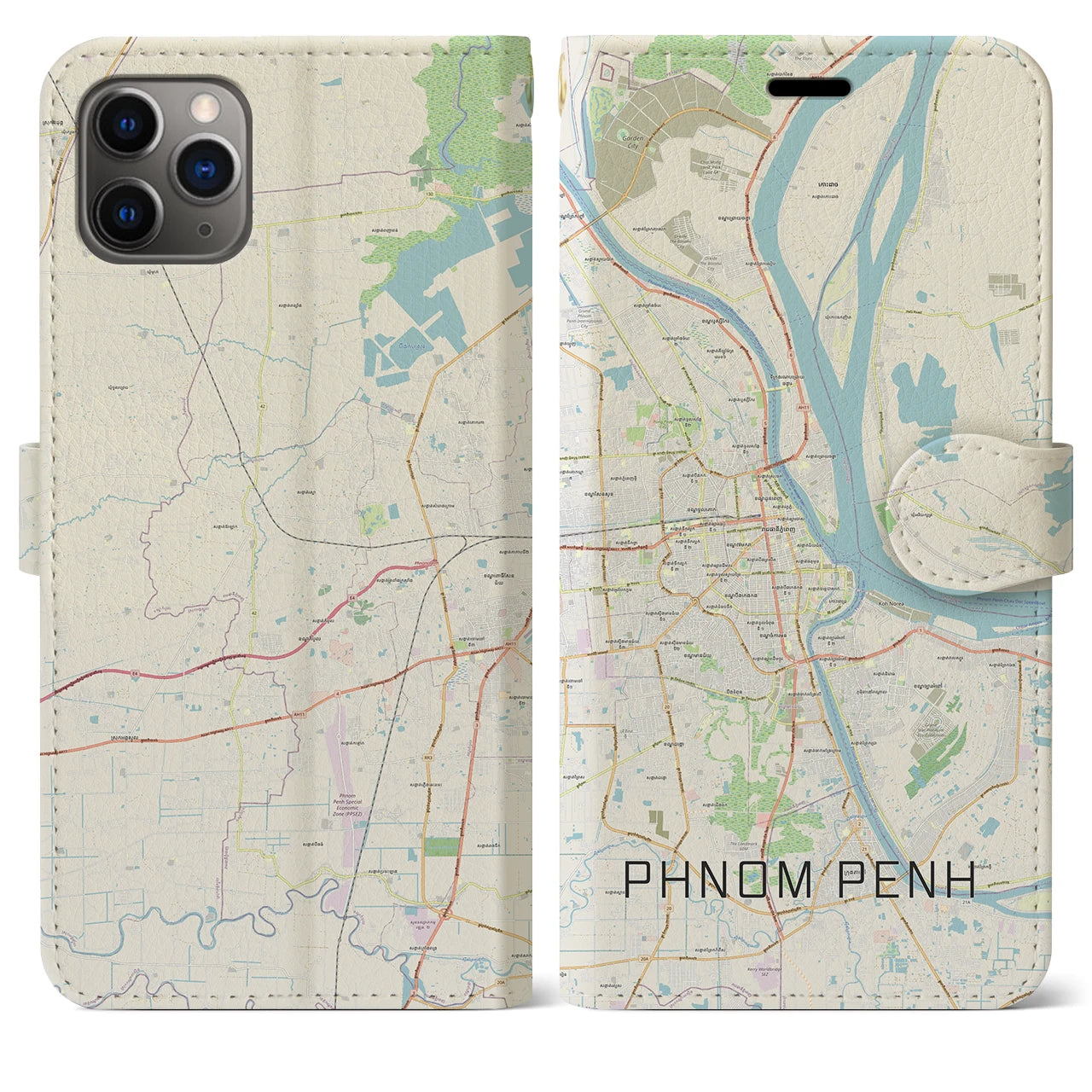 【プノンペン】地図柄iPhoneケース（手帳両面タイプ・ナチュラル）iPhone 11 Pro Max 用