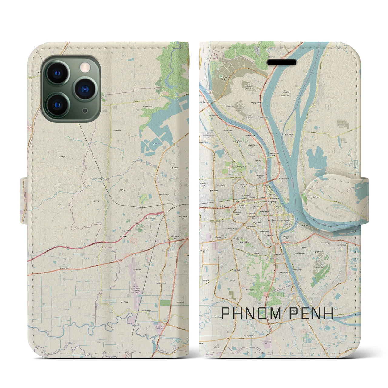 【プノンペン】地図柄iPhoneケース（手帳両面タイプ・ナチュラル）iPhone 11 Pro 用