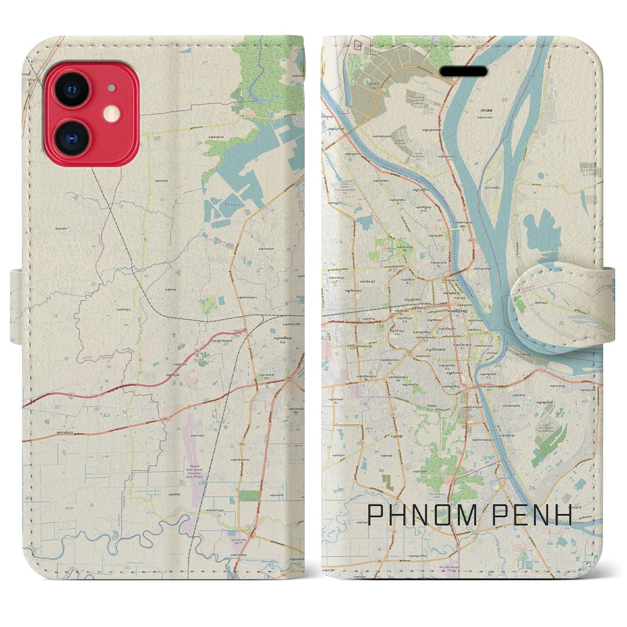 【プノンペン（カンボジア）】地図柄iPhoneケース（手帳タイプ）ナチュラル・iPhone 11 用