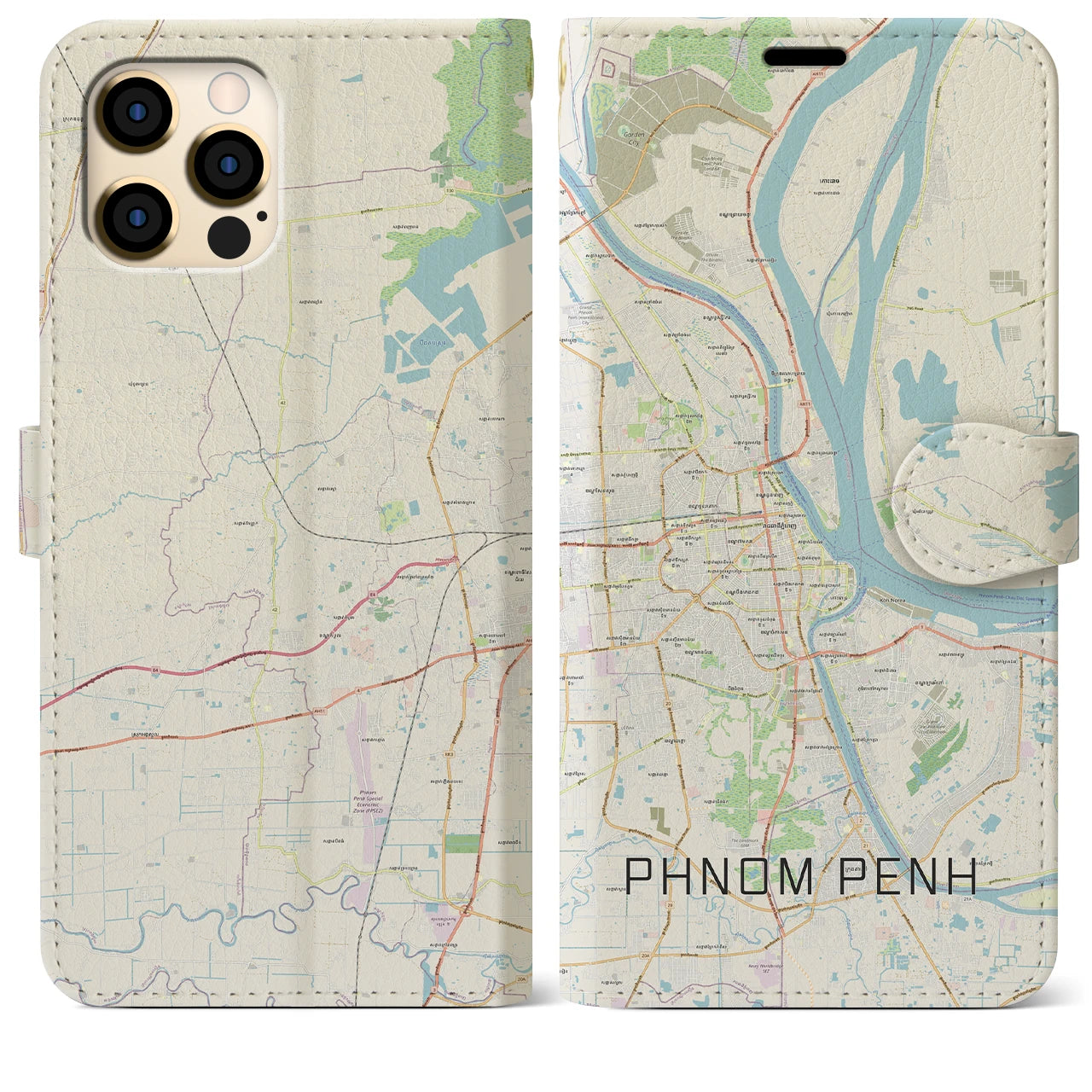【プノンペン】地図柄iPhoneケース（手帳両面タイプ・ナチュラル）iPhone 12 Pro Max 用
