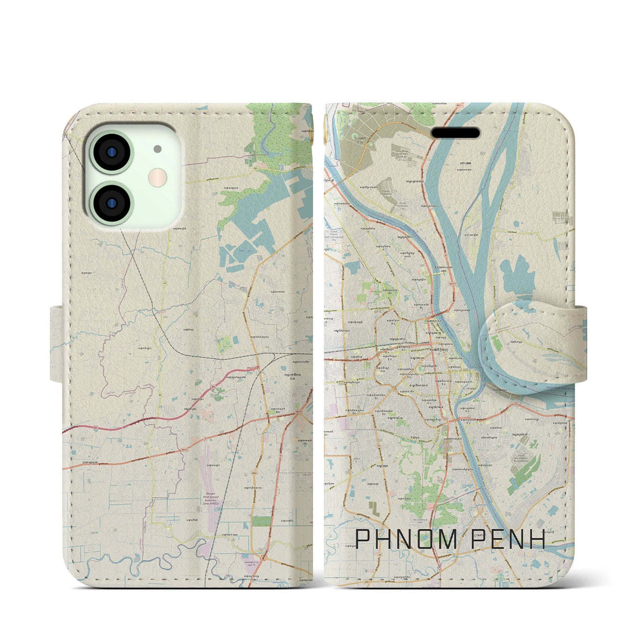 【プノンペン】地図柄iPhoneケース（手帳両面タイプ・ナチュラル）iPhone 12 mini 用