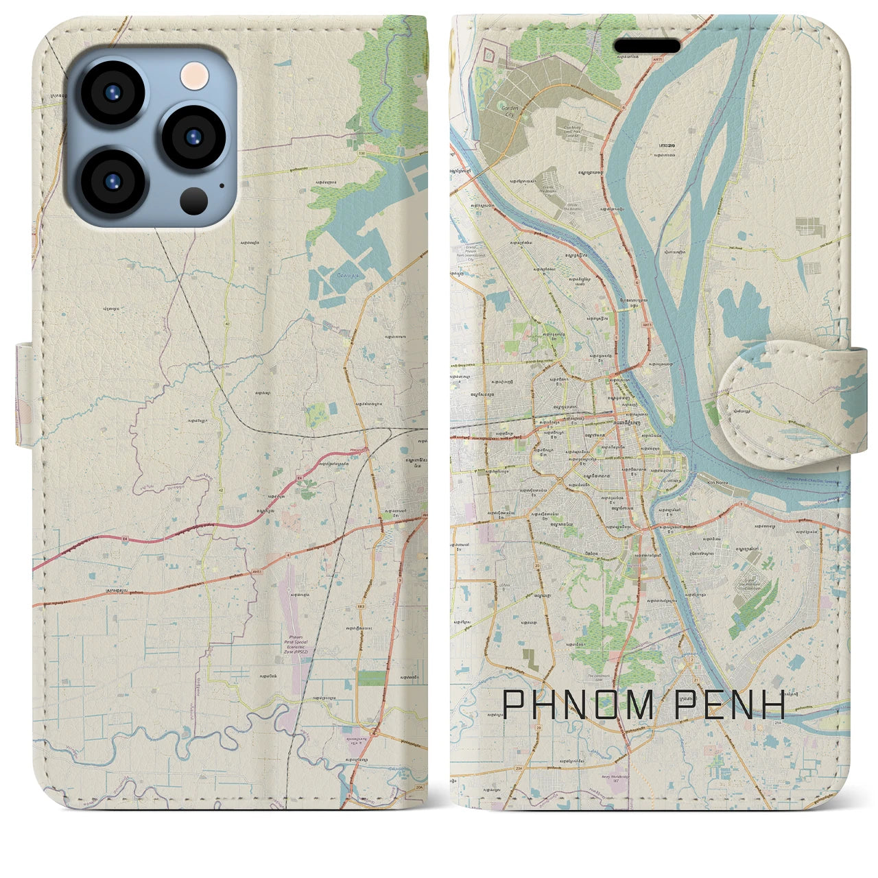 【プノンペン】地図柄iPhoneケース（手帳両面タイプ・ナチュラル）iPhone 13 Pro Max 用