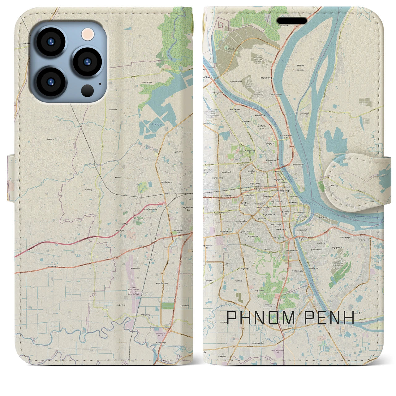 【プノンペン（カンボジア）】地図柄iPhoneケース（手帳タイプ）ナチュラル・iPhone 13 Pro Max 用