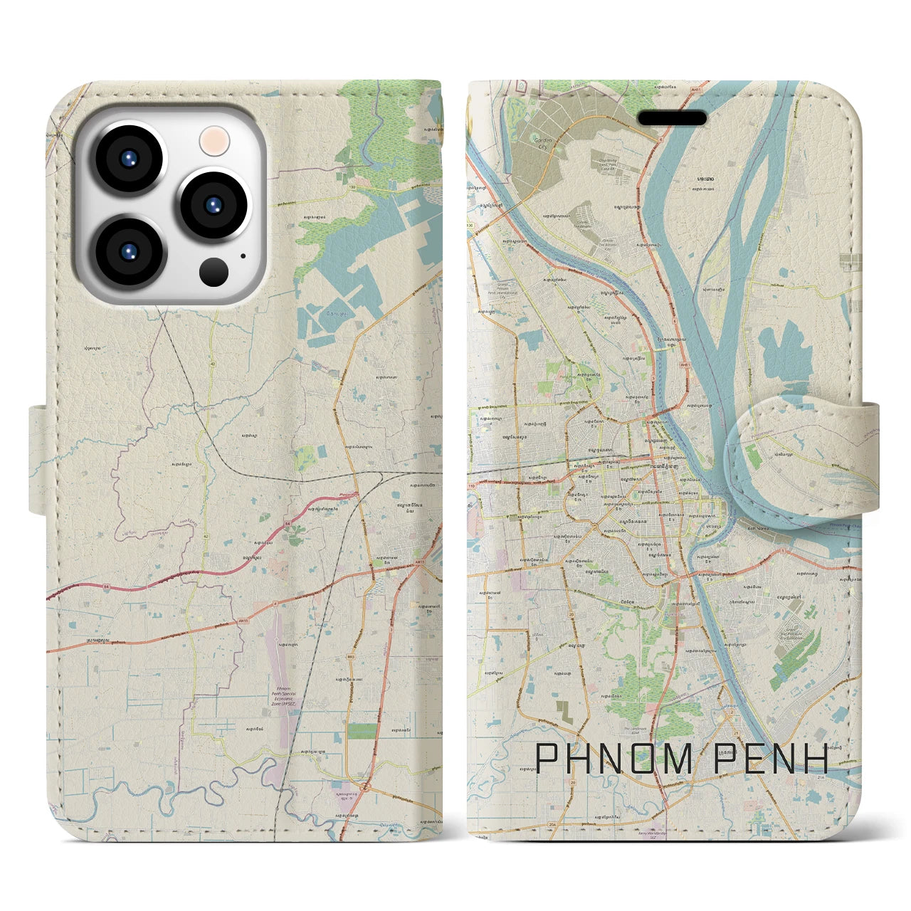 【プノンペン】地図柄iPhoneケース（手帳両面タイプ・ナチュラル）iPhone 13 Pro 用