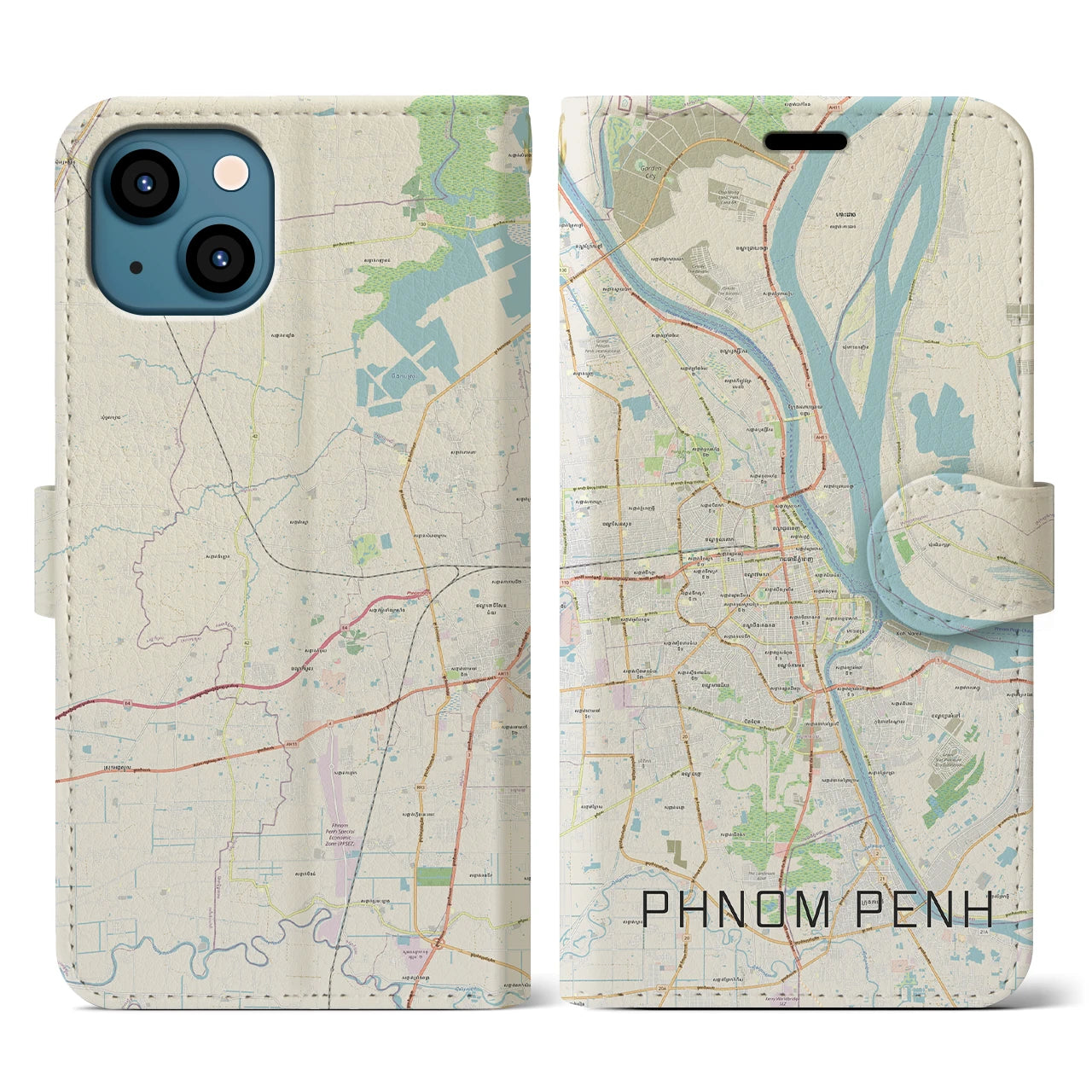 【プノンペン】地図柄iPhoneケース（手帳両面タイプ・ナチュラル）iPhone 13 用