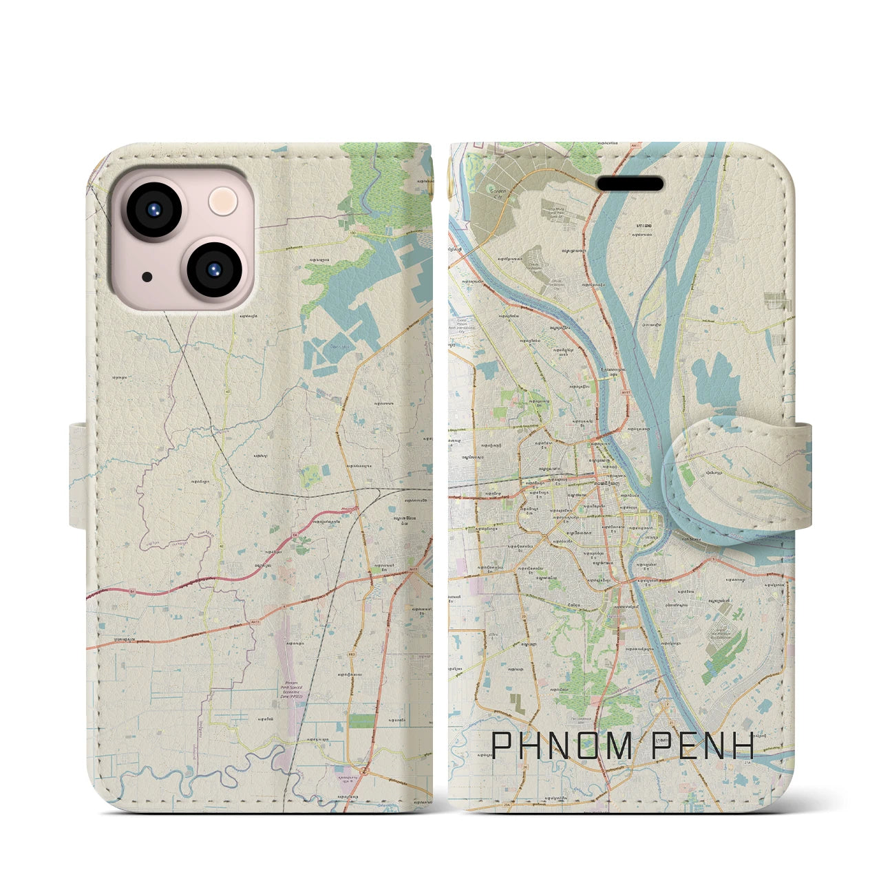 【プノンペン】地図柄iPhoneケース（手帳両面タイプ・ナチュラル）iPhone 13 mini 用
