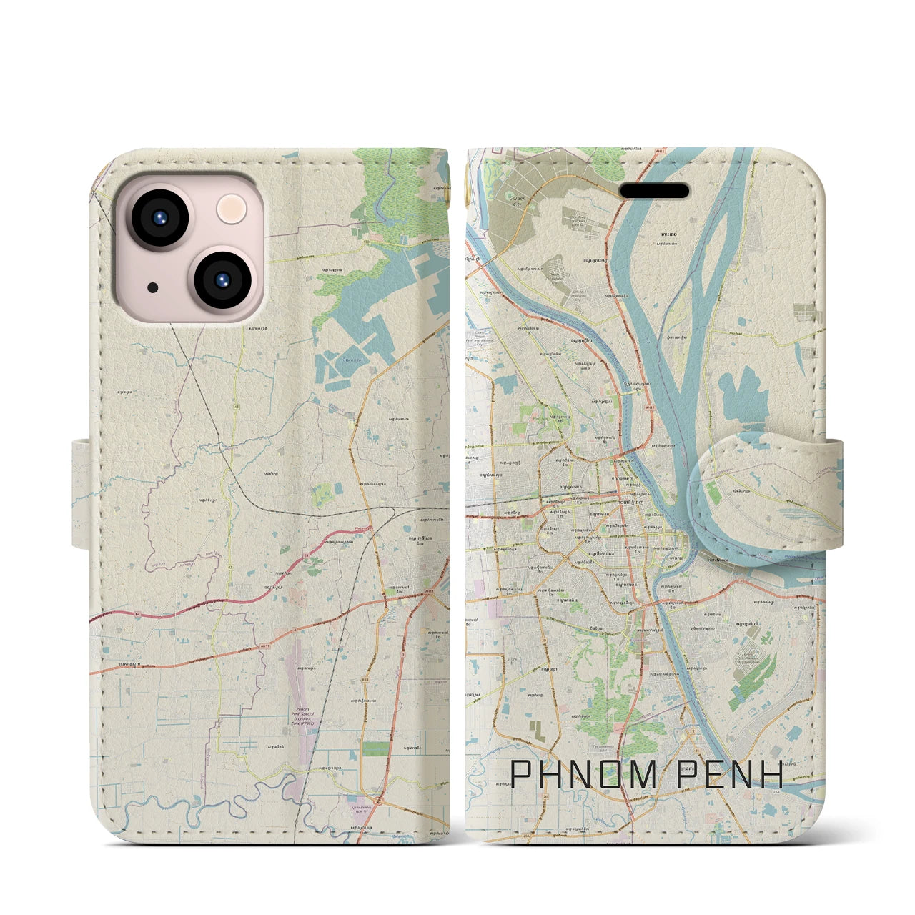 【プノンペン（カンボジア）】地図柄iPhoneケース（手帳タイプ）ナチュラル・iPhone 13 mini 用