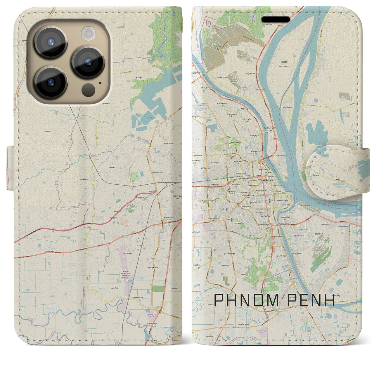 【プノンペン（カンボジア）】地図柄iPhoneケース（手帳タイプ）ナチュラル・iPhone 14 Pro Max 用