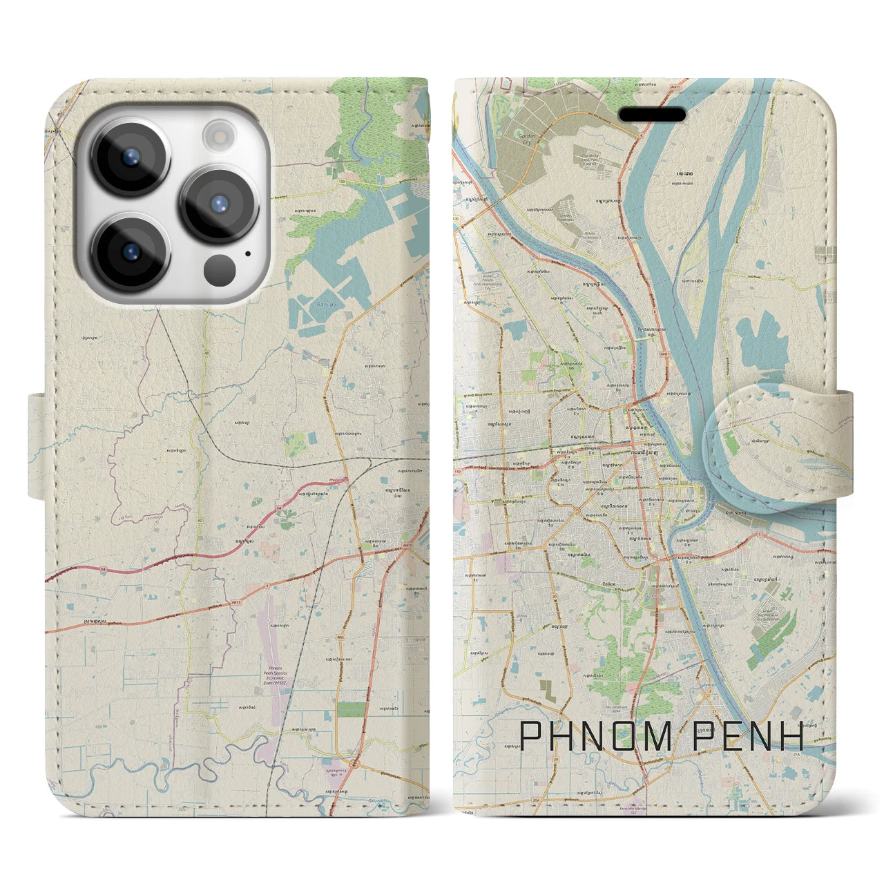 【プノンペン】地図柄iPhoneケース（手帳両面タイプ・ナチュラル）iPhone 14 Pro 用